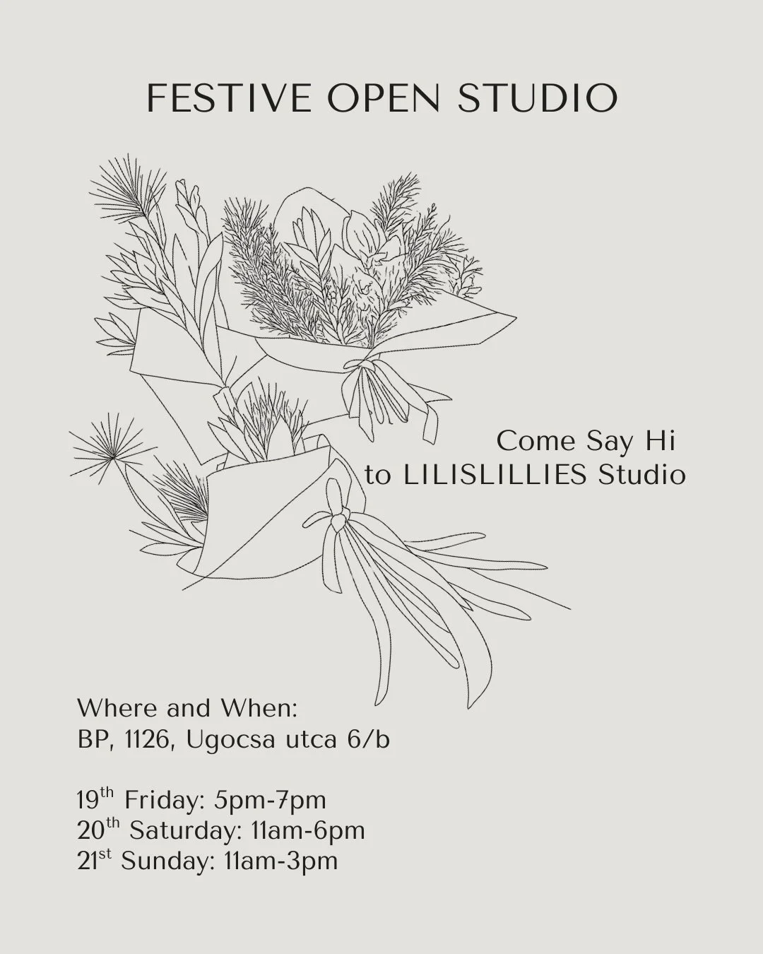 As the year comes to an end, I decided to host a small Open Studio &mdash; come by and say hi 🤍
 I&rsquo;ll have fresh Christmas bunches, maybe a few fun things for the tree and time to chat and catch up.

I&rsquo;d love to see you!
 If you&rsquo;d 