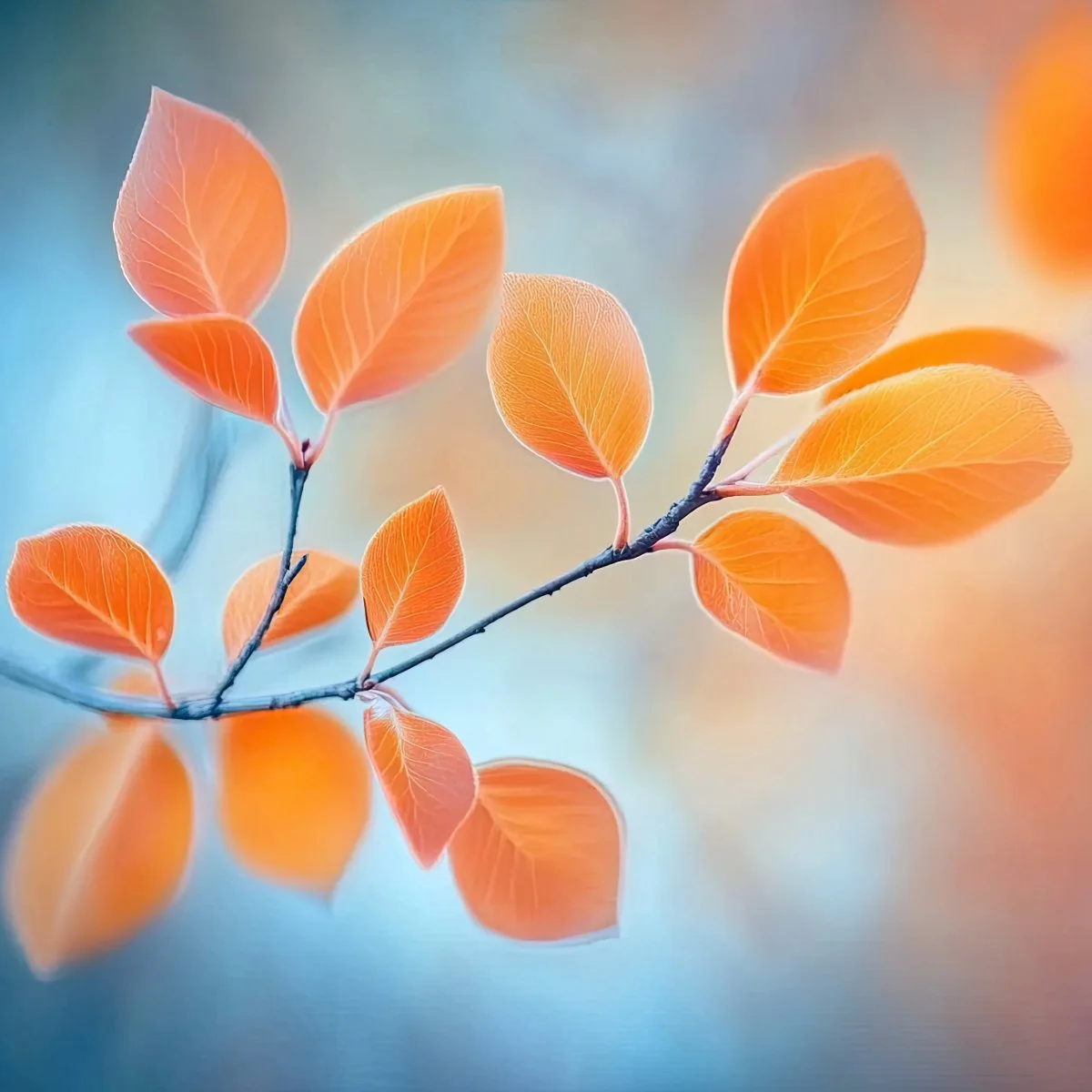Close-up of a branch with orange leaves against a soft, blurry background.