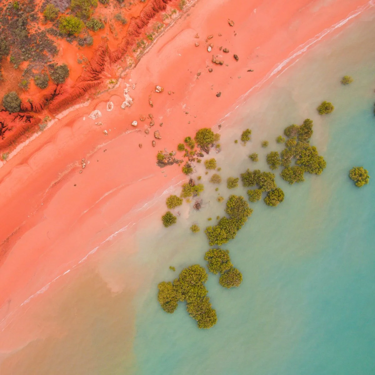Aerial view of a beach with pink sand, scattered rocks, and patches of green trees, meeting turquoise ocean water.
