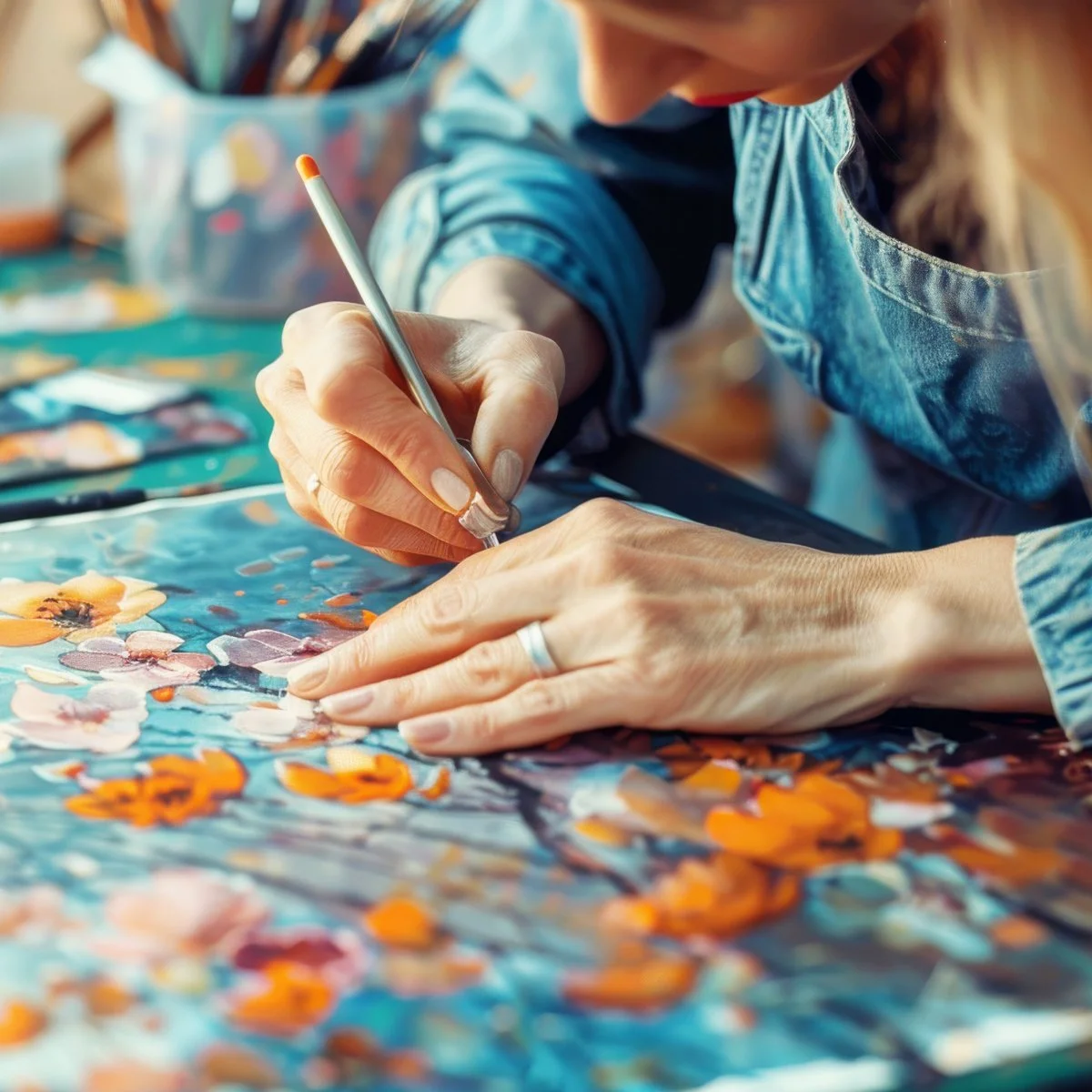A person painting colorful flowers on a canvas with a fine brush.