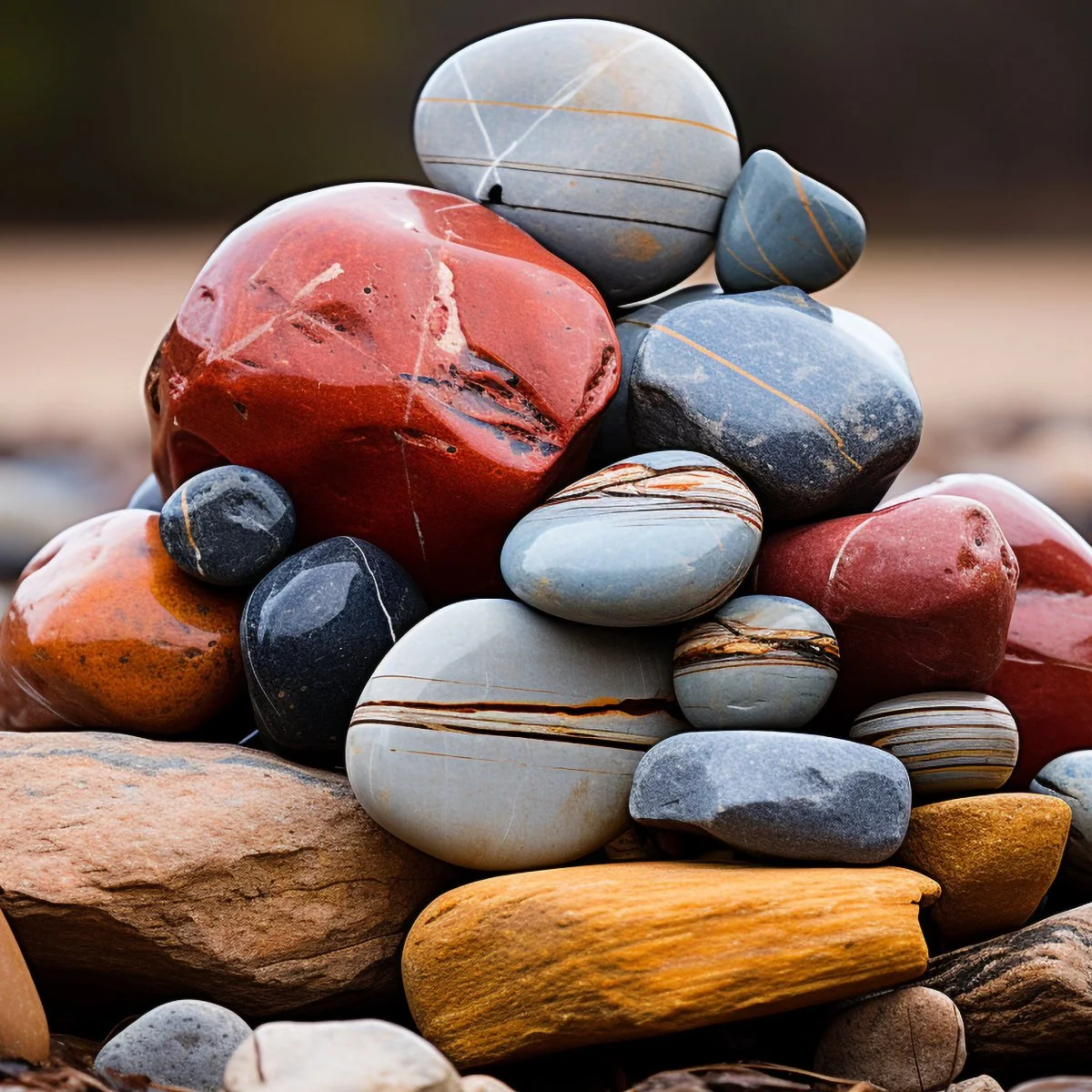 Stacked colorful smooth river rocks on a natural surface.