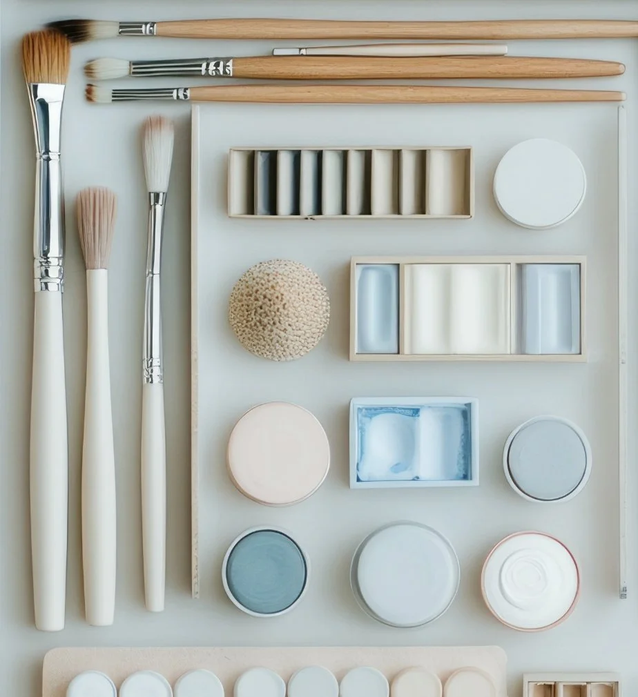 Paintbrushes, paint palette, and small containers of paint arranged on a white surface.