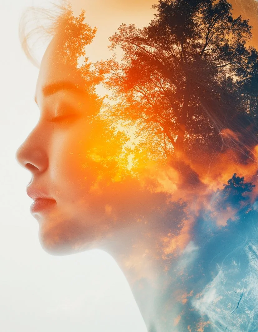 A double exposure photo of a woman's face in profile combined with a sunset sky and trees.