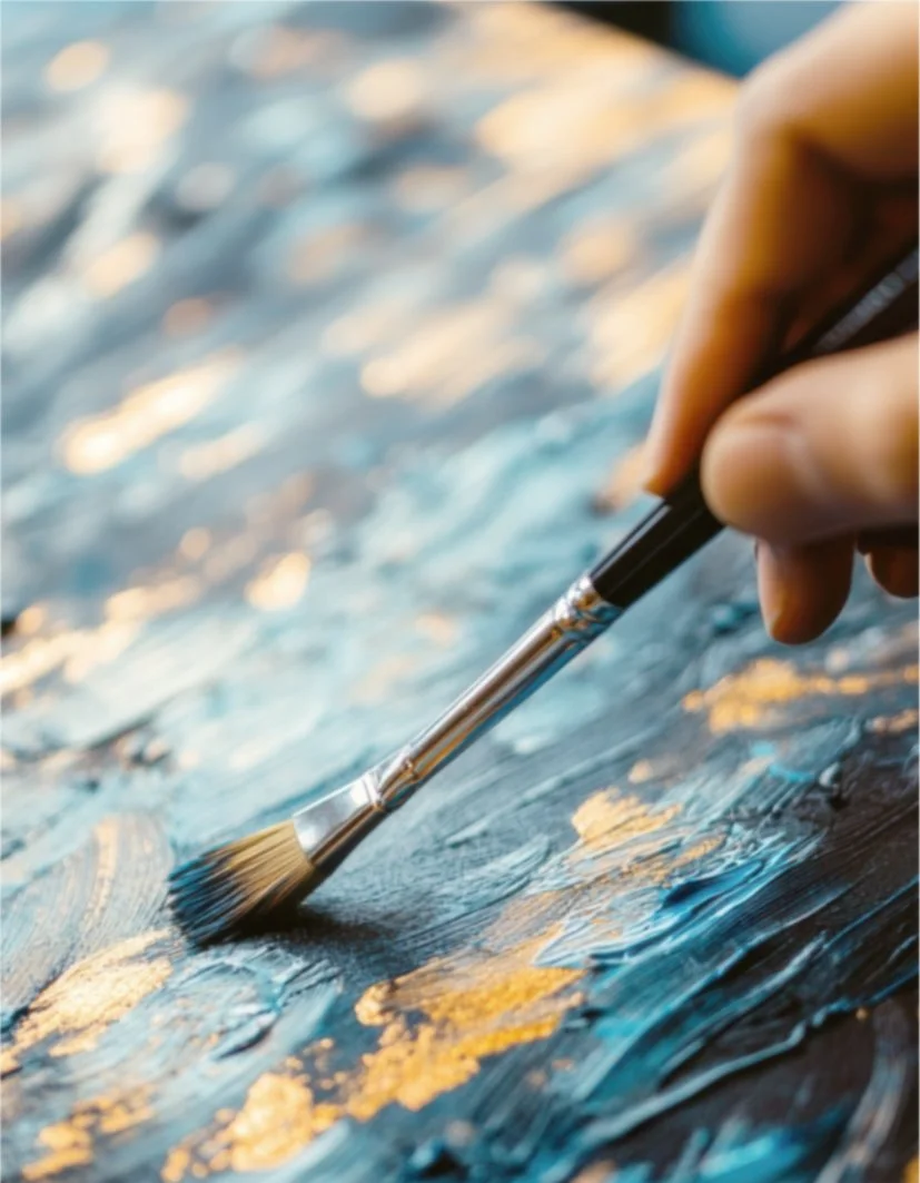 Close-up of hand holding a paintbrush applying black and gold paint on a textured surface.