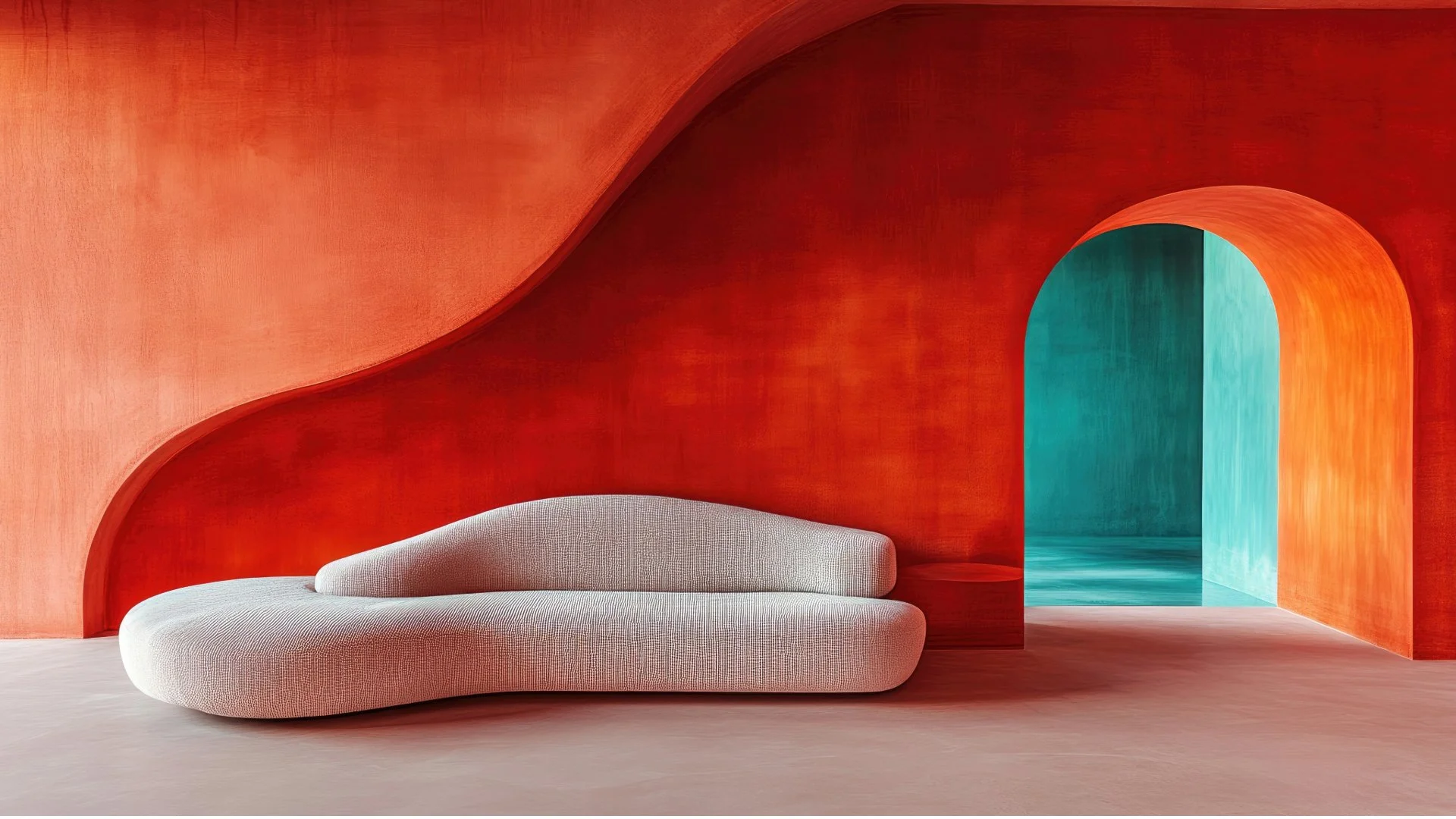 Modern minimalist interior with orange curved wall, white textured sofa, and a turquoise-colored arched hallway.