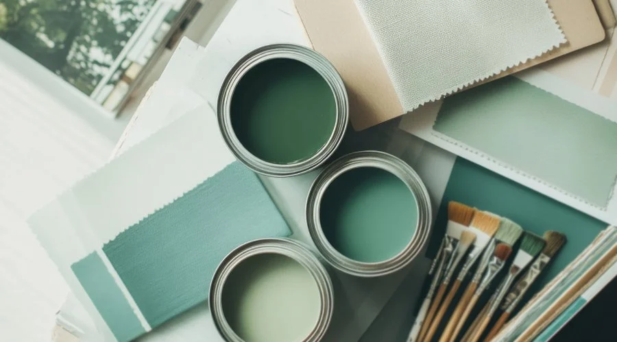 Open cans of green paint, paint swatches, fabric samples, and paintbrushes on a table.