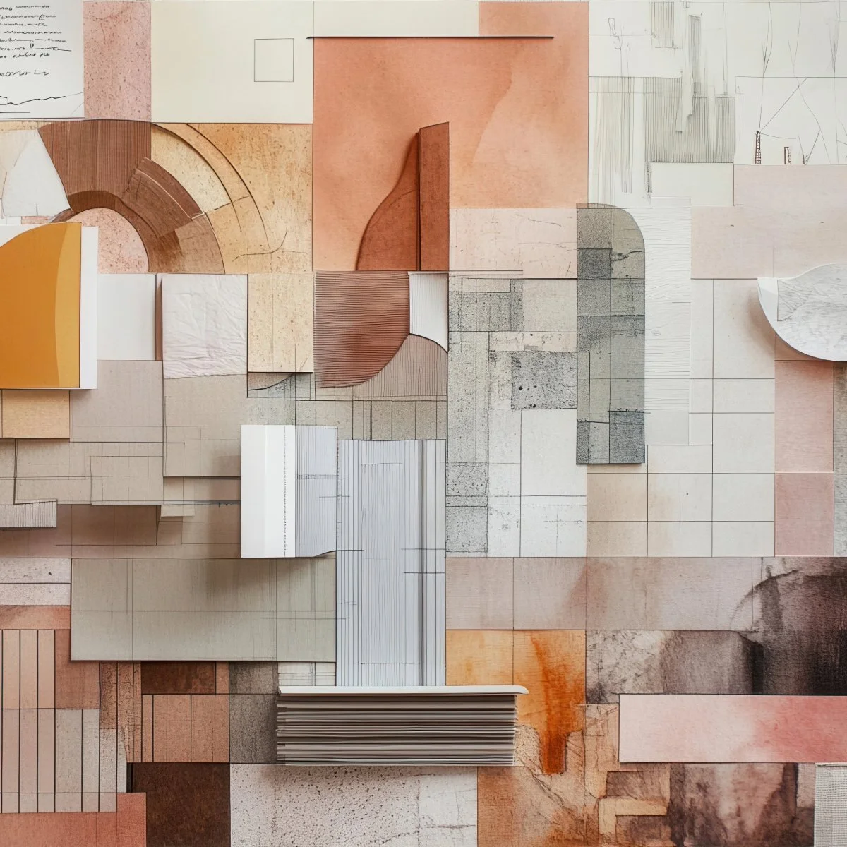 A collage of various architectural and design material samples, including textured tiles, paper, wood, and metal in shades of beige, white, gray, and orange.