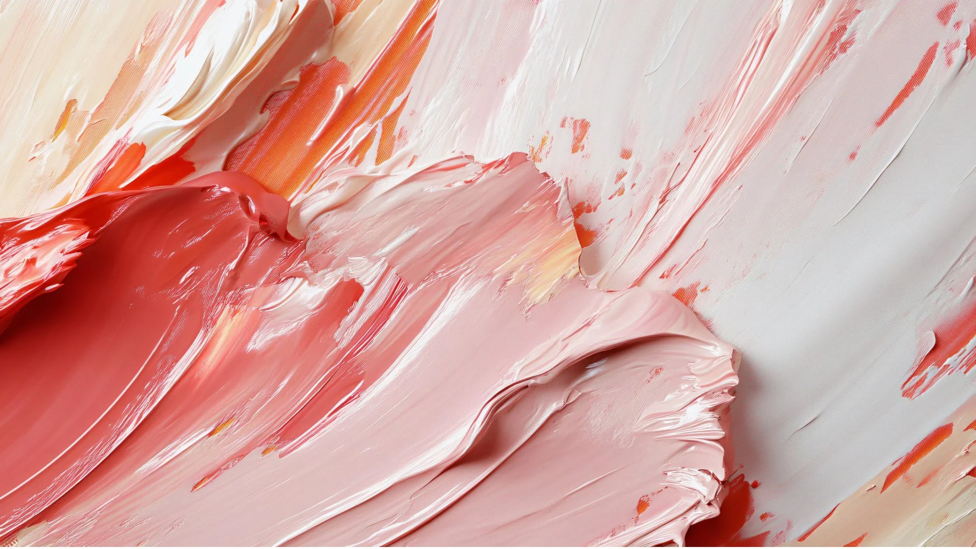 Abstract image of thick, textured brushstrokes in shades of pink, red, white, and orange.