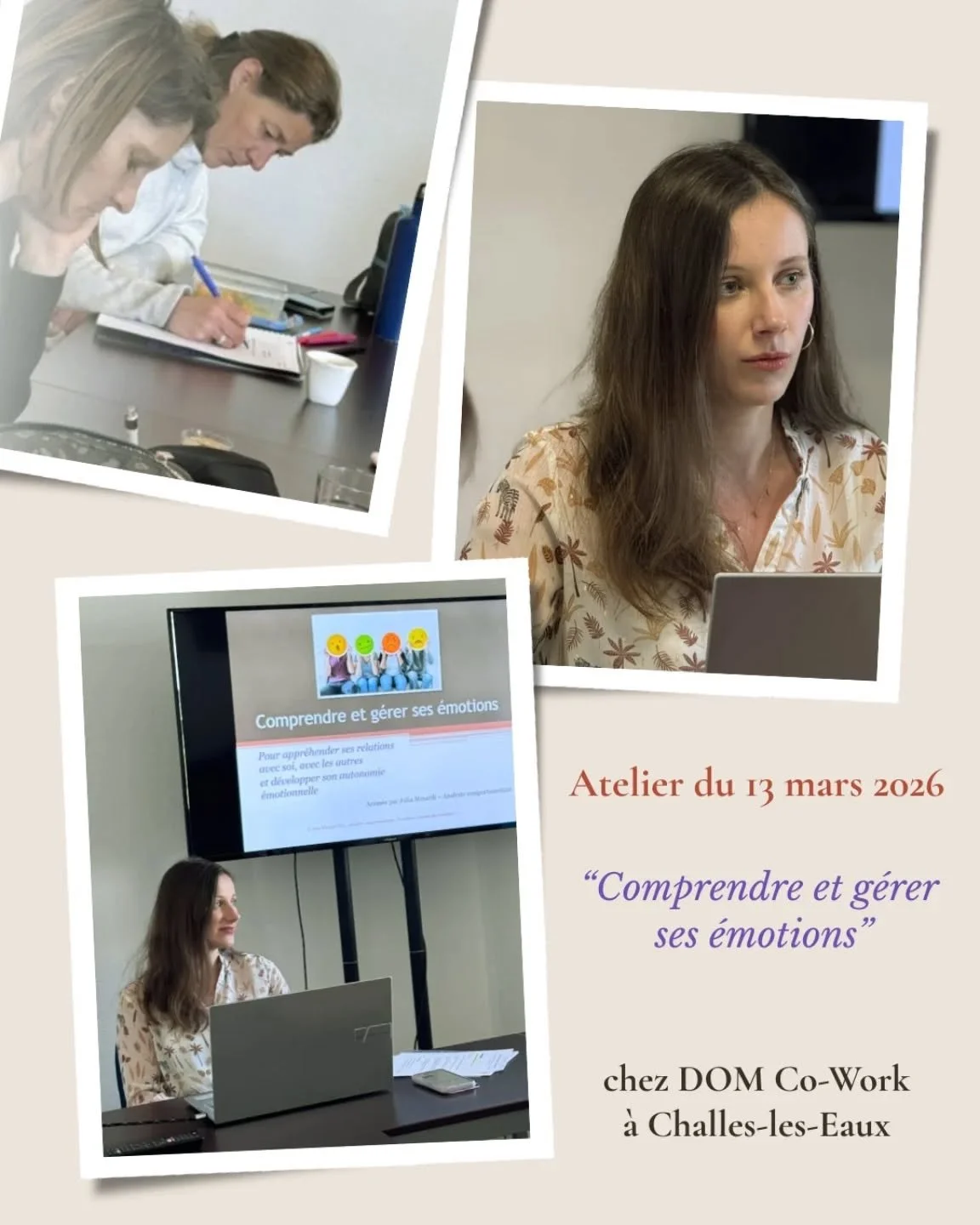 📸 Retour en images de l'atelier "Comprendre et g&eacute;rer ses &eacute;motions" du vendredi 13 mars 2026, dans les locaux de @dom_co_work &agrave; Challes-les-Eaux. 

Un beau moment d'&eacute;changes, de partages, de rires et de d&eacute;