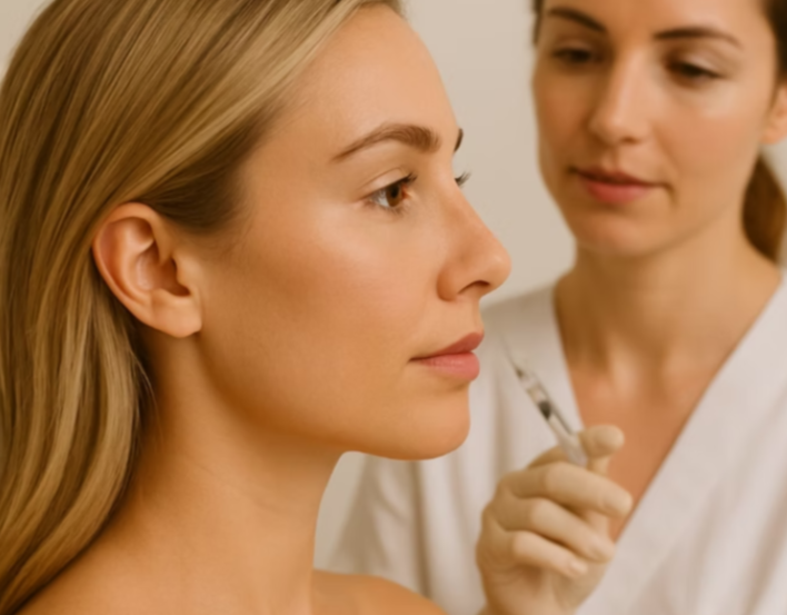 Medical professional administering a facial injection to a woman during a cosmetic procedure.