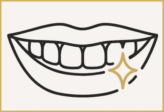 Line drawing of a smiling mouth with visible teeth and a shiny sparkle near the corner of the lips, indicating a shiny new smile.