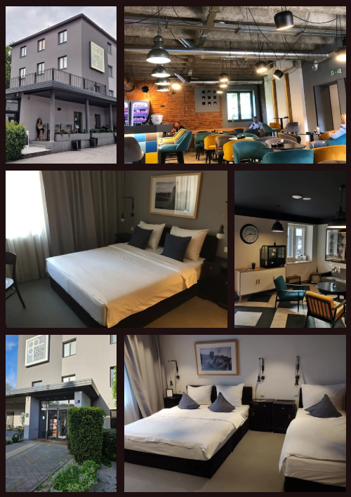 Collage of hotel interiors and exteriors, including a multi-story hotel building, a lobby with seating and decor, a bedroom with a large bed, a cozy sitting area with vintage decor, and views of the hotel entrance and surrounding greenery.