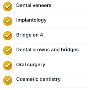 For The Ars Salutaris clinic, a List of dental services, including dental veneers, implantology, bridge on 4, dental crowns and bridges, oral surgery, and cosmetic dentistry.