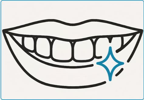Line drawing of a smiling mouth with visible teeth and a shiny blue sparkle near the corner of the lips, indicating a shiny new smile.