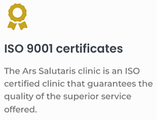 Text about ISO 9001 certification for The Ars Salutaris clinic, indicating it is an ISO certified clinic that guarantees quality of service.