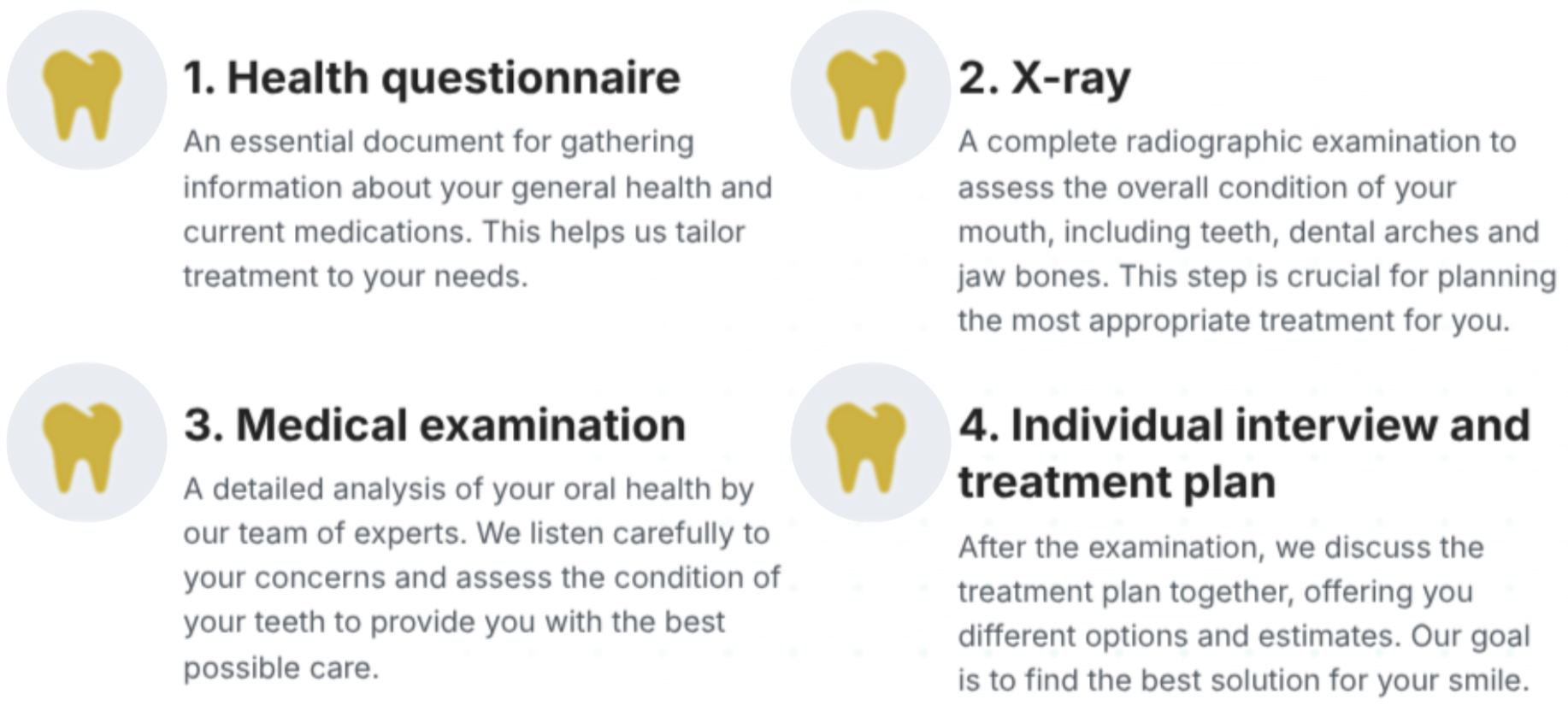 For The Ars Salutaris clinic, Four steps for dental health: 1. Health questionnaire, 2. X-ray, 3. Medical examination, 4. Individual interview and treatment plan, each with a Gold tooth icon.