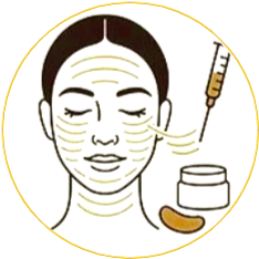 Illustration of a woman with facial wrinkles receiving a cosmetic injection, with skincare products nearby.