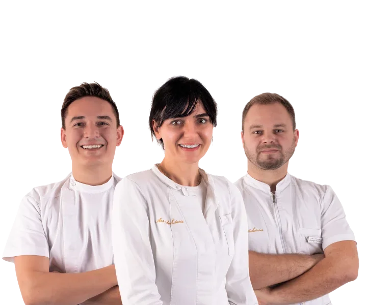 Three medical professionals for The Ars Salutaris clinic, two men and one woman, standing by each other in white uniforms against a black background.