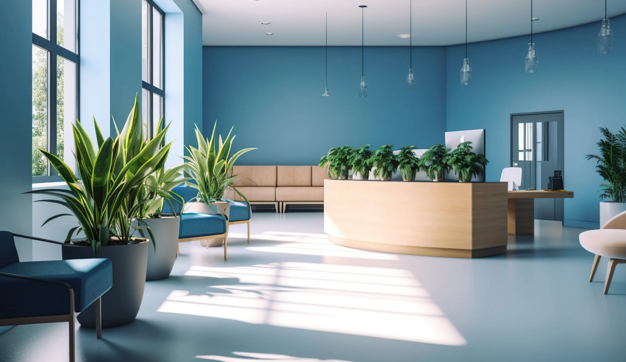 Modern office lobby with potted plants, blue walls, a curved reception desk, and natural light from large windows.
