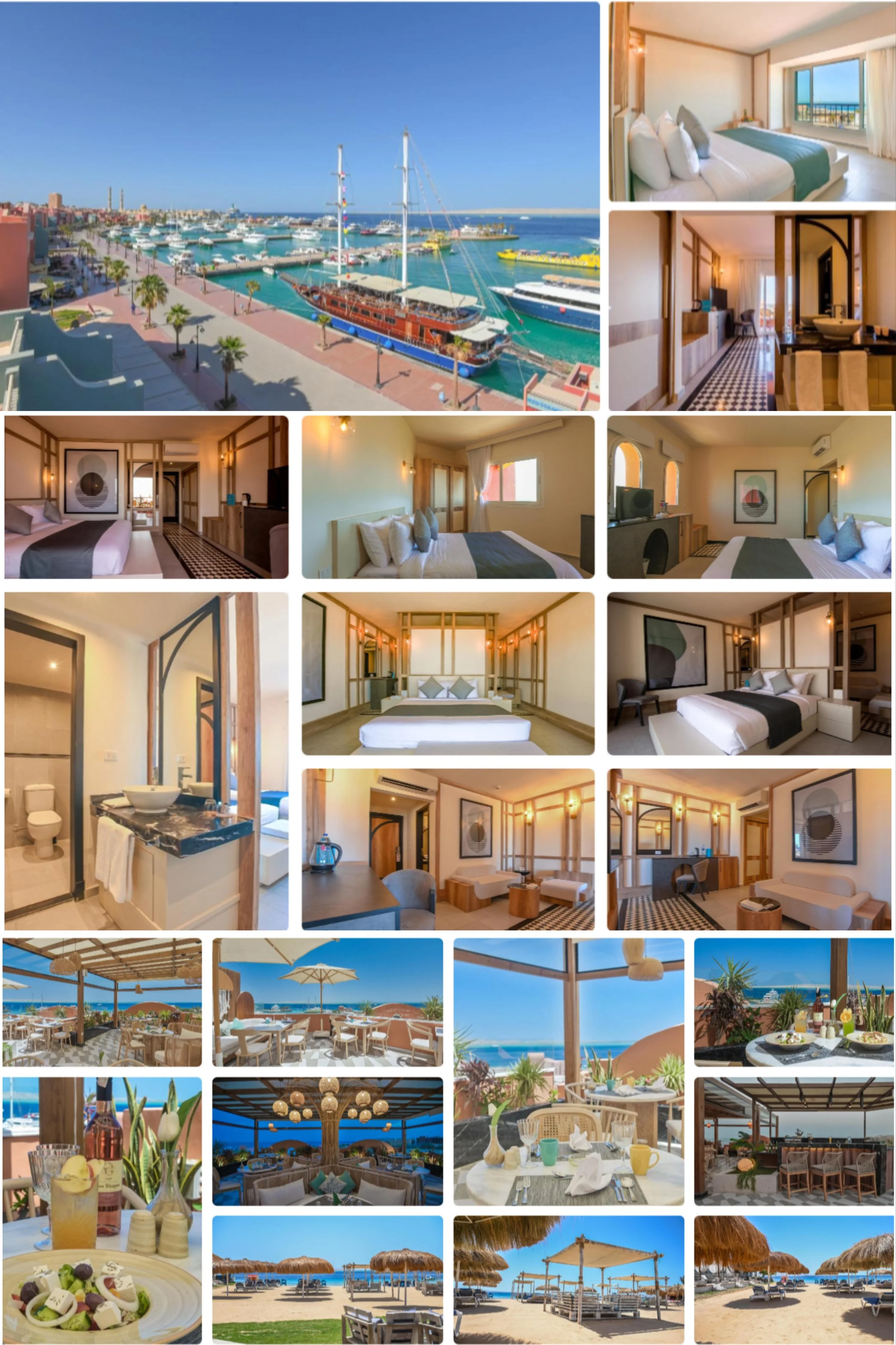 A collage featuring hotel rooms, a beachfront restaurant, and views of a marina with boats and a beach with umbrellas in Egypt.