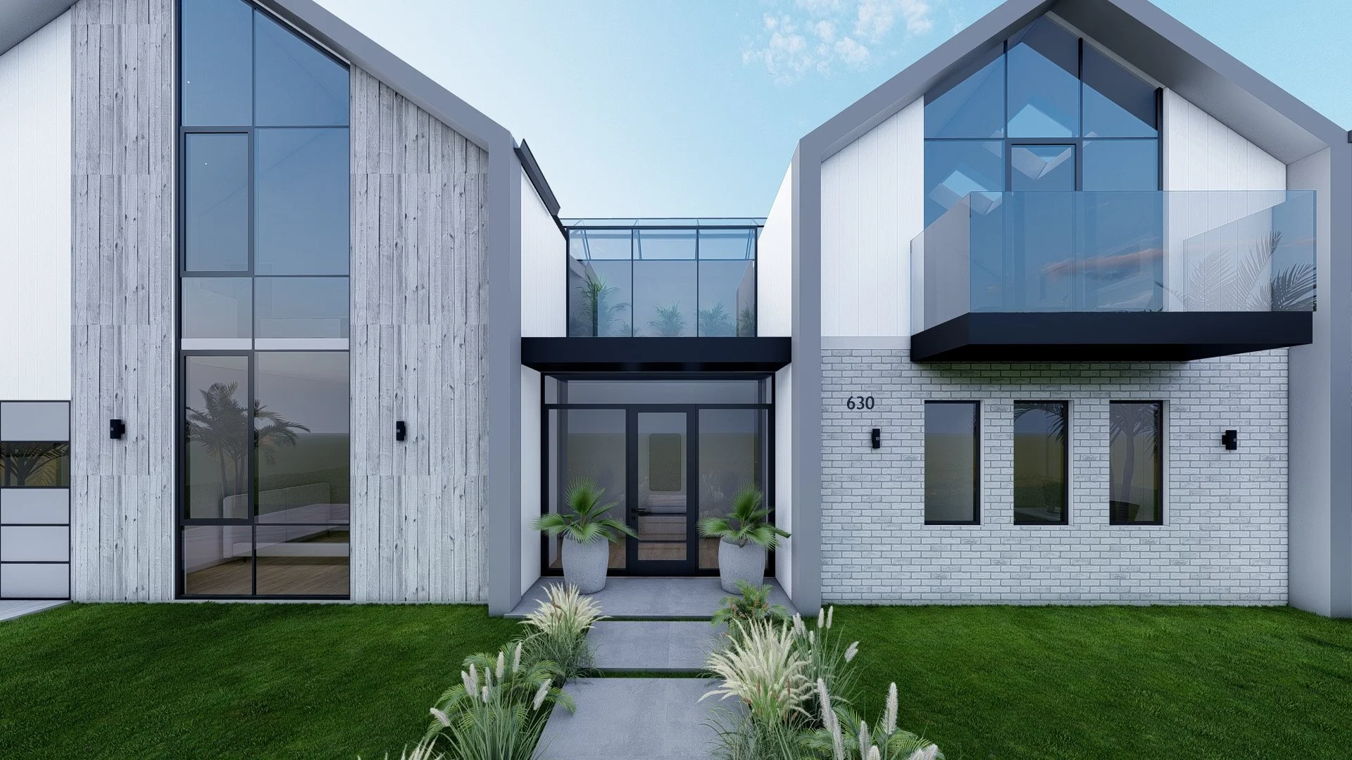 Front view of a modern townhouse with large glass windows, brick and wood siding, and a small front yard with plants.
