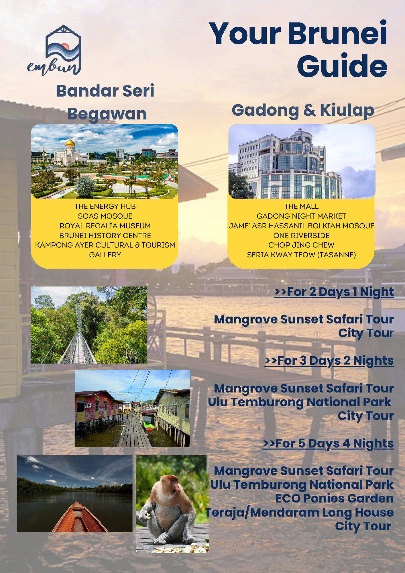 Tourist guide for Brunei featuring images of Bandar Seri Begawan and Gadong & Kiulap, with text listing attractions and tour options, including Mangrove Sunset Safari City Tour and Ulu Temburong National Park.