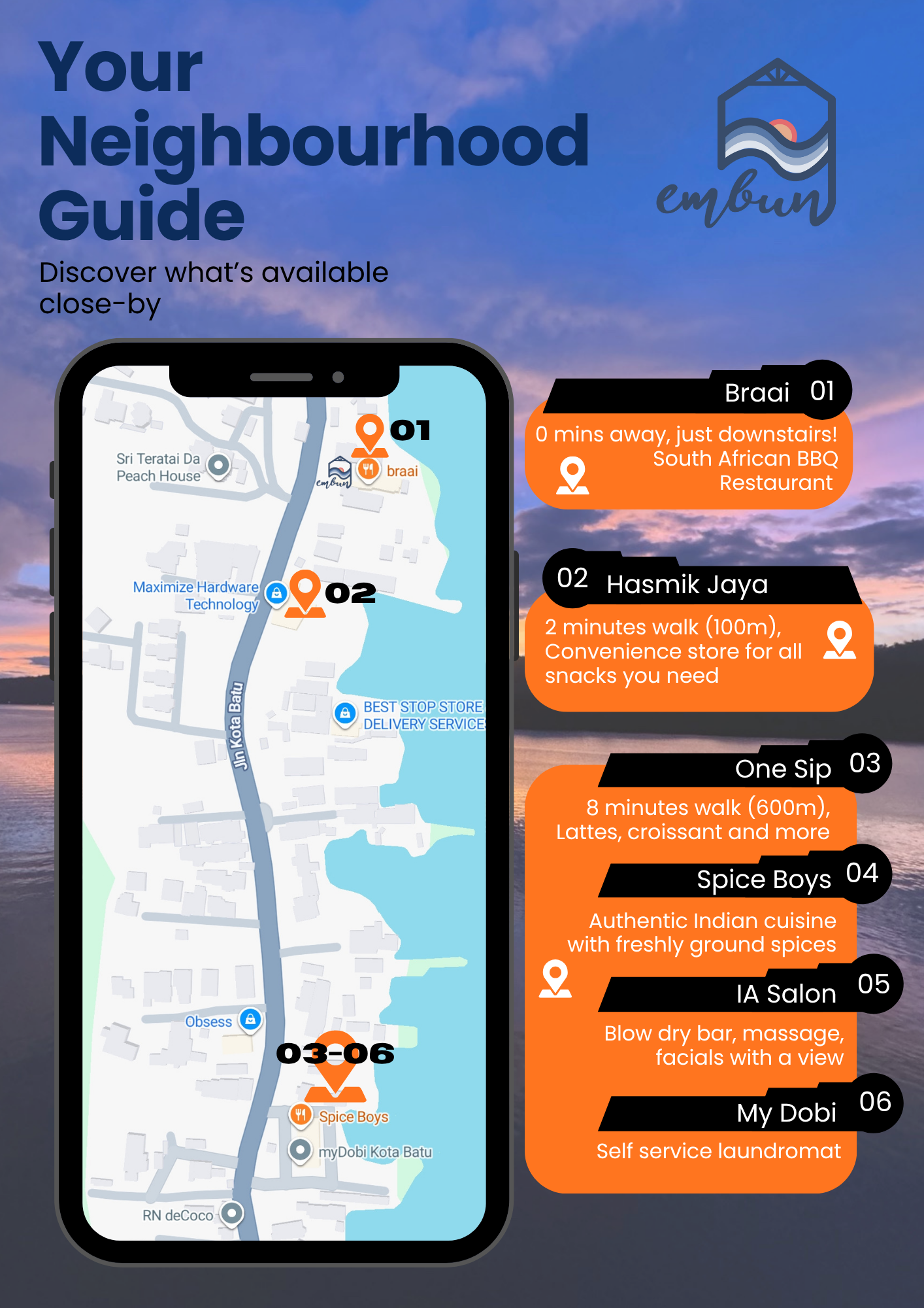 A neighborhood guide map showing nearby locations with descriptions, featuring a smartphone displaying a map with numbered points of interest. The guide lists six locations, including a South African BBQ restaurant, convenience store, bakery, Indian cuisine, spa salon, and laundromat, with distances and brief descriptions.