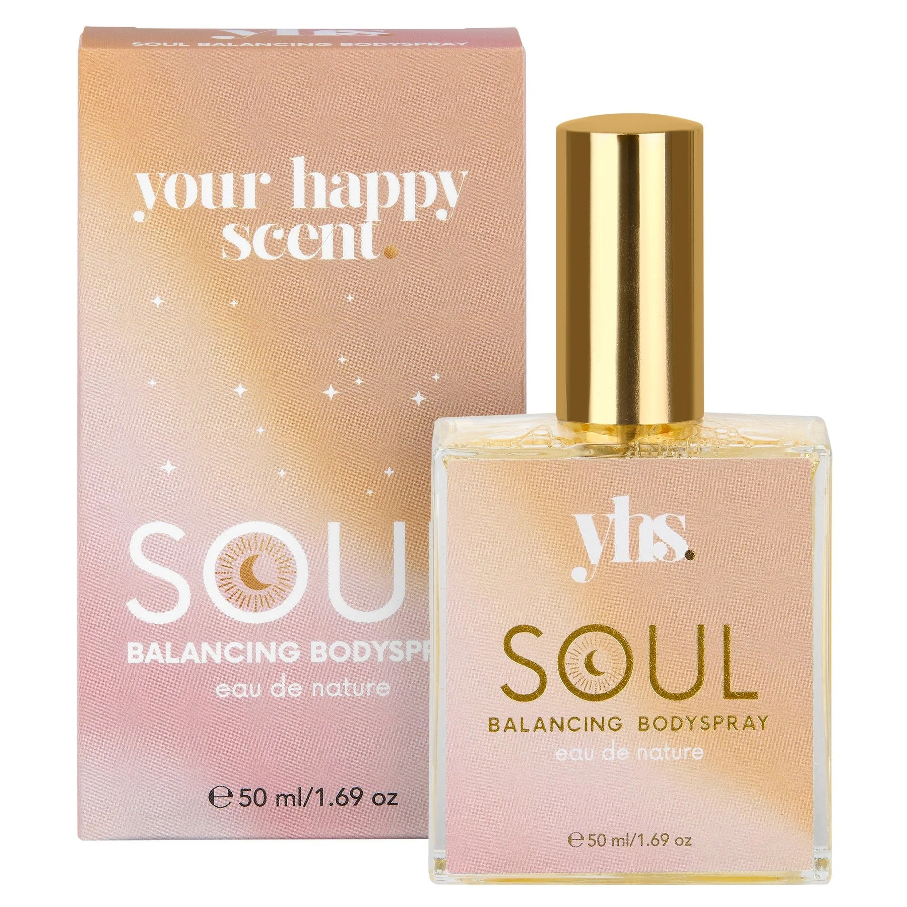 Flasche und Verpackung eines Parfüms namens 'Soul', Balancing Bodyspray, Eau de Nature, 50 ml, mit Goldkappende und rosa-weißer Verpackung mit Stern- und Mondmotiven.