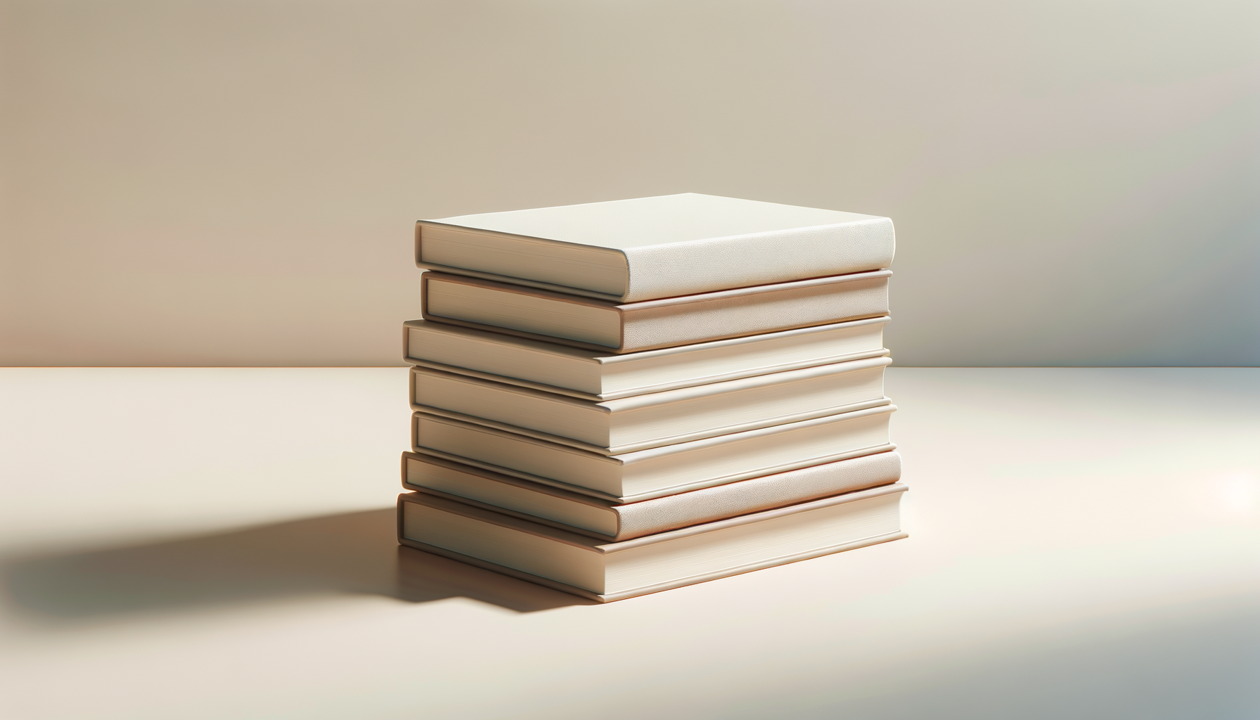 Stack of nine beige books on a white surface with a plain beige background