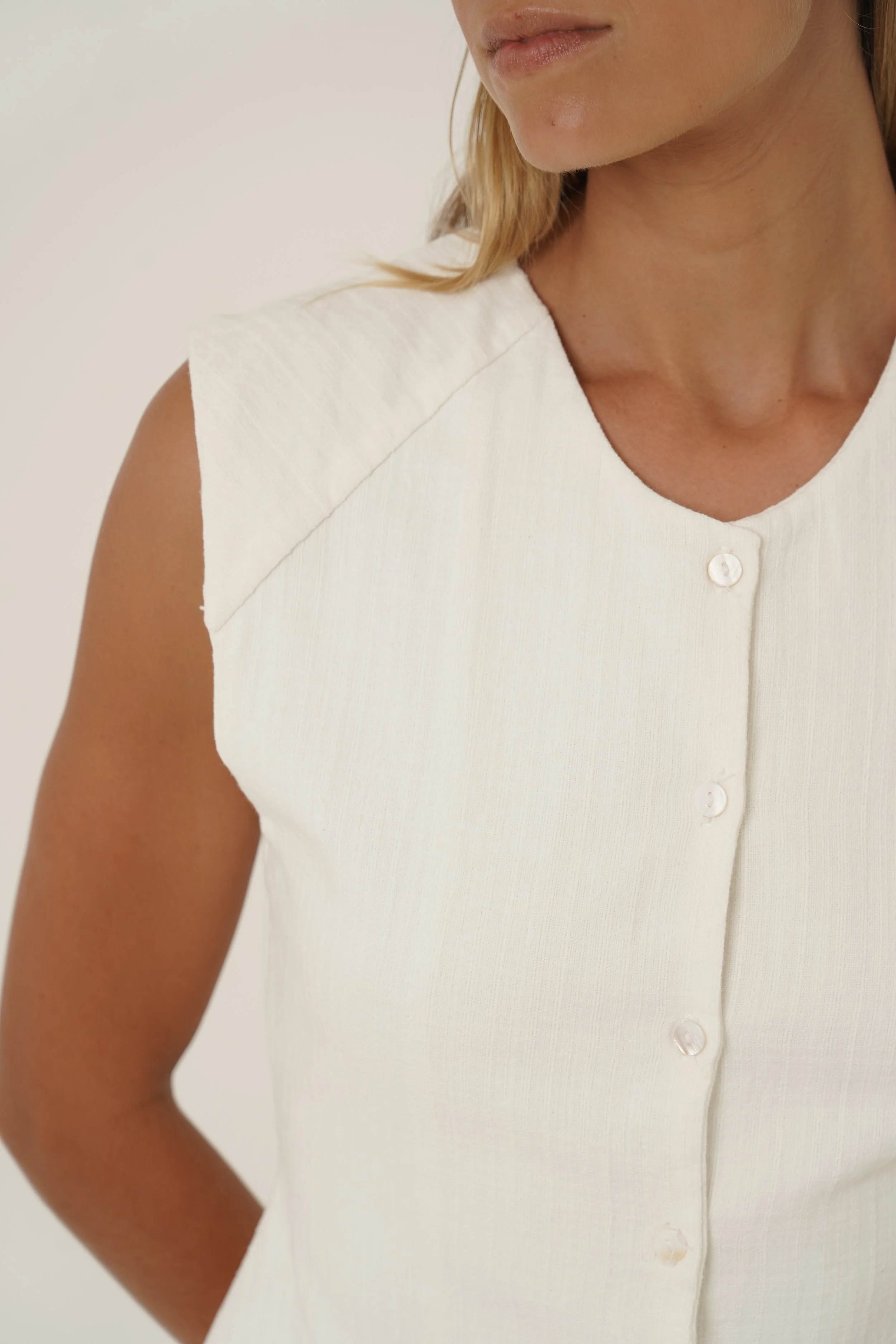 Woman wearing Basmati Vest front detail