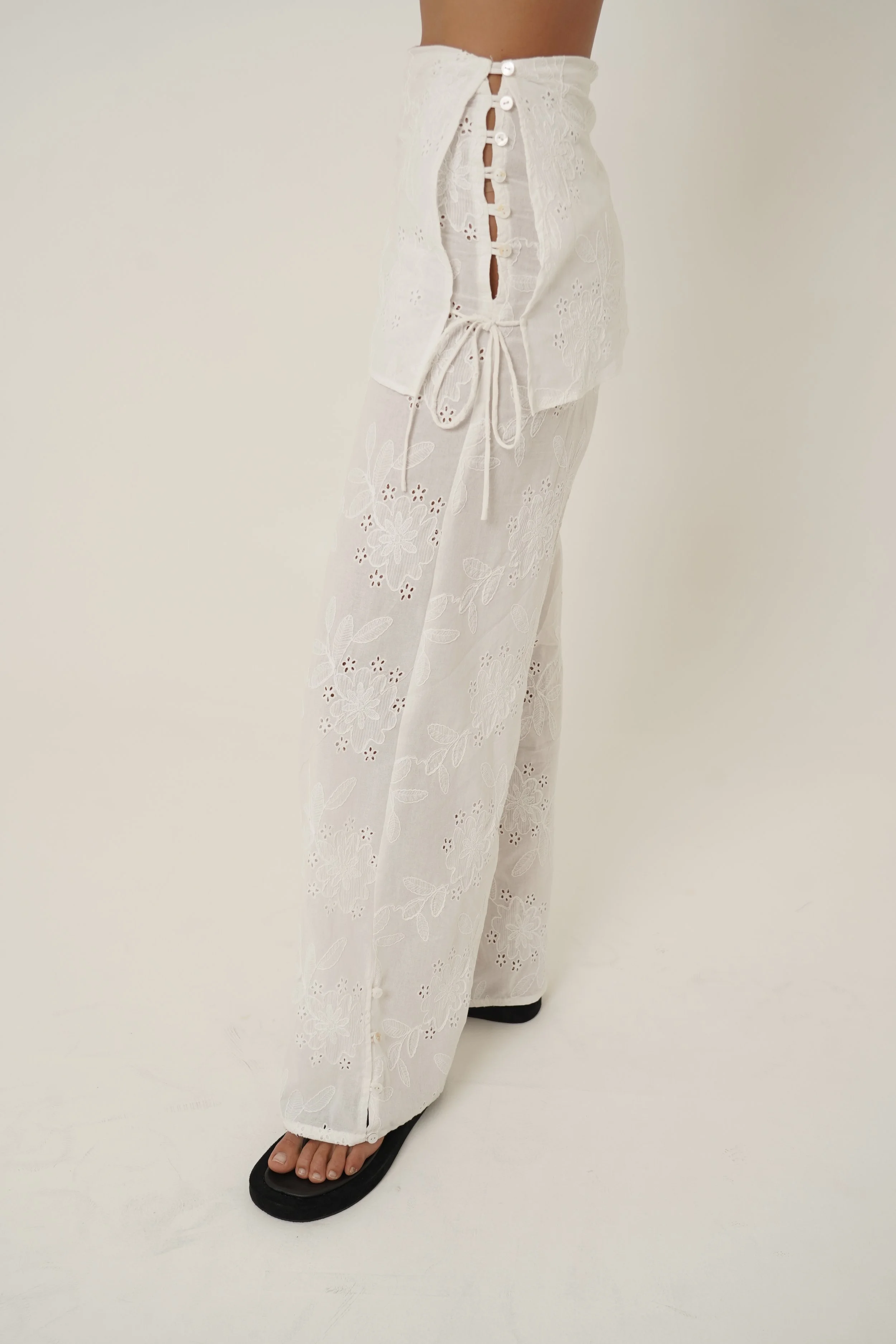 Chunari Embroidered Pants with side straps and button up detail