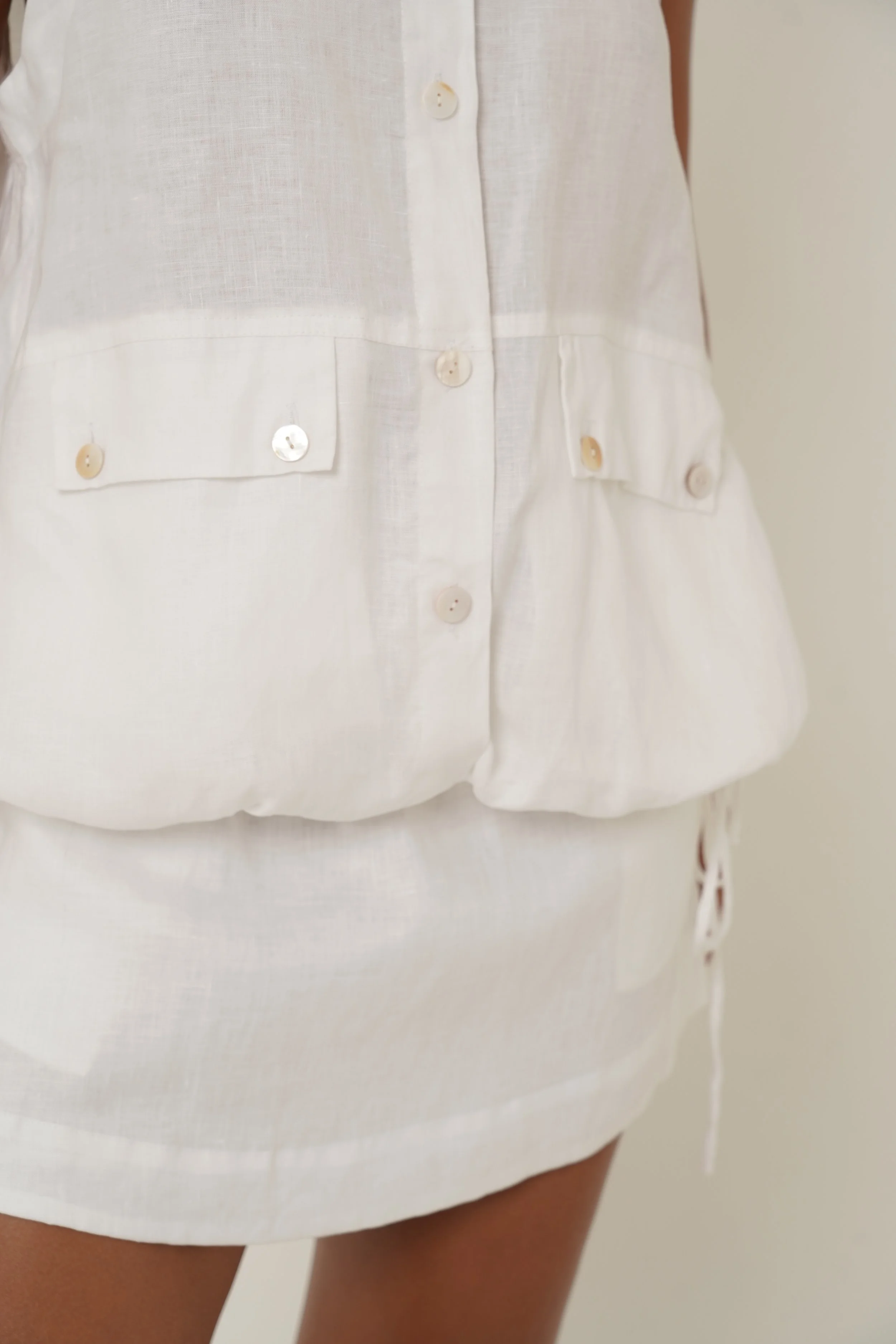 White Maribou Vest in detail buttons and pockets