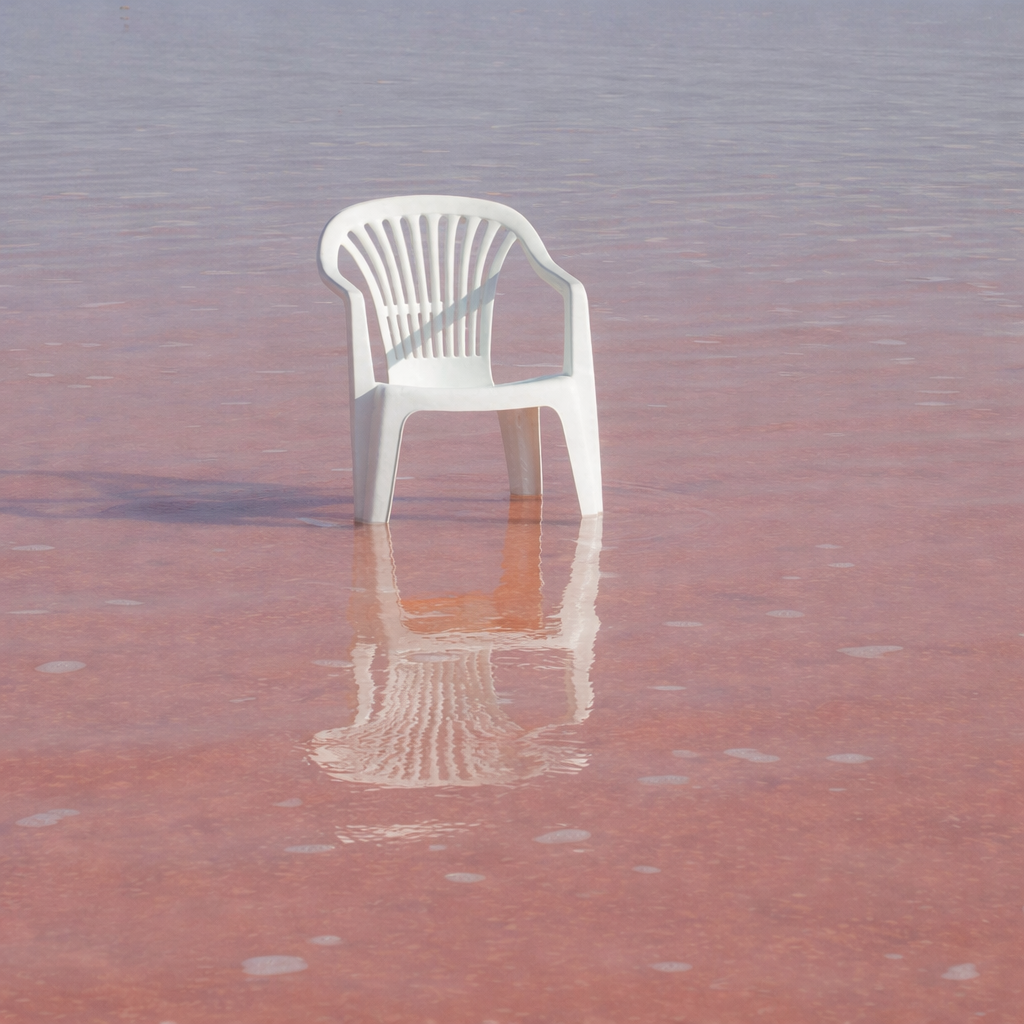Plastic white chair in a pink colored ocean