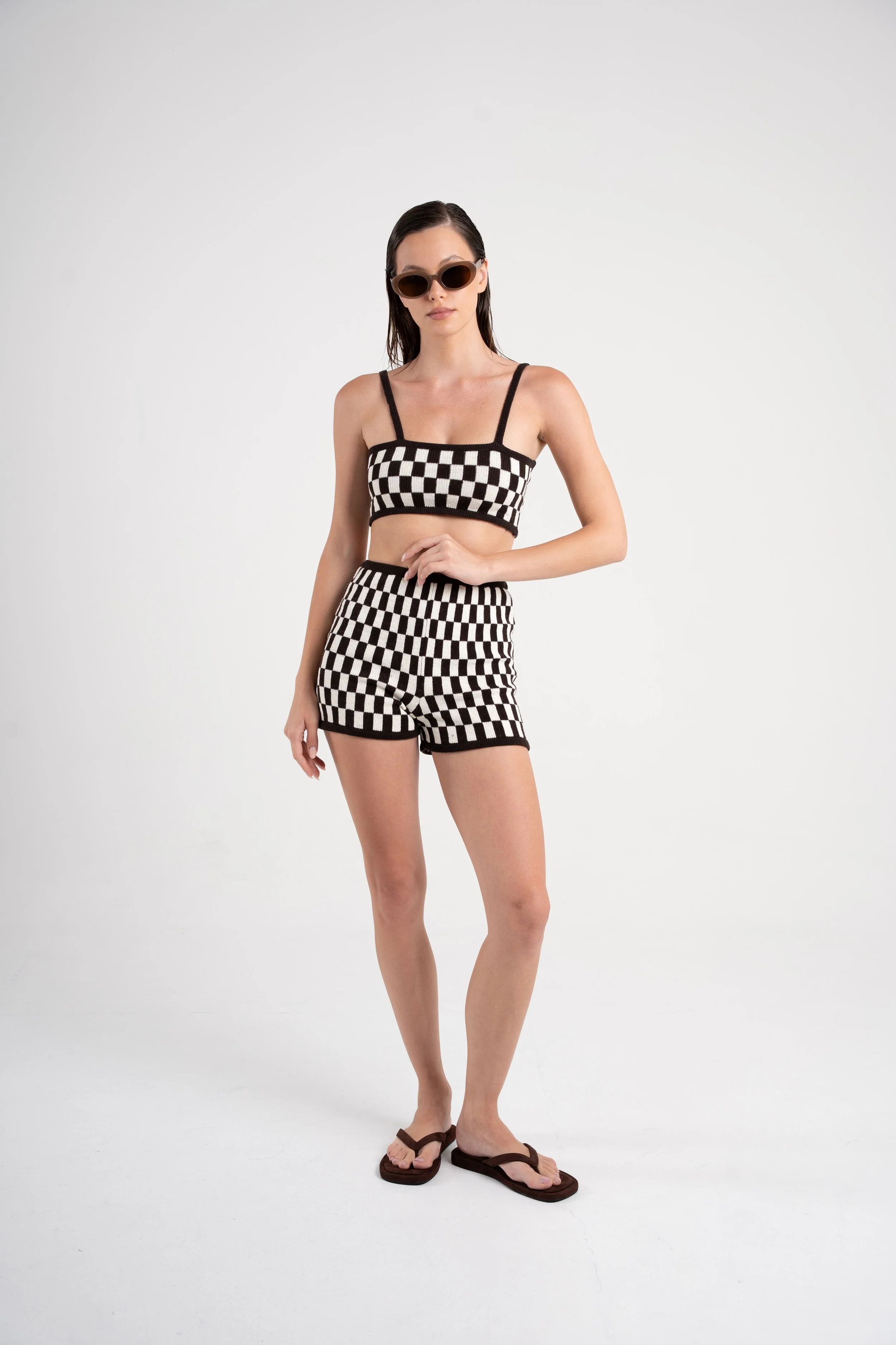 Checkered Knit Top and Shorts Coffee Sutura Studio
