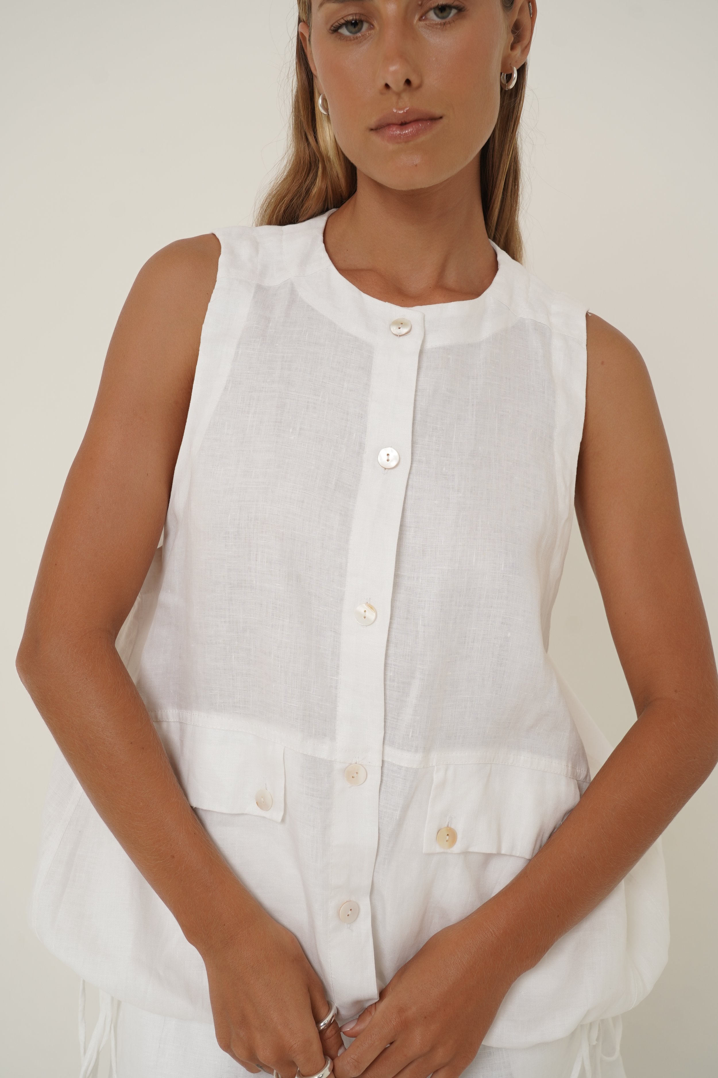 White Maribou Vest front view button details