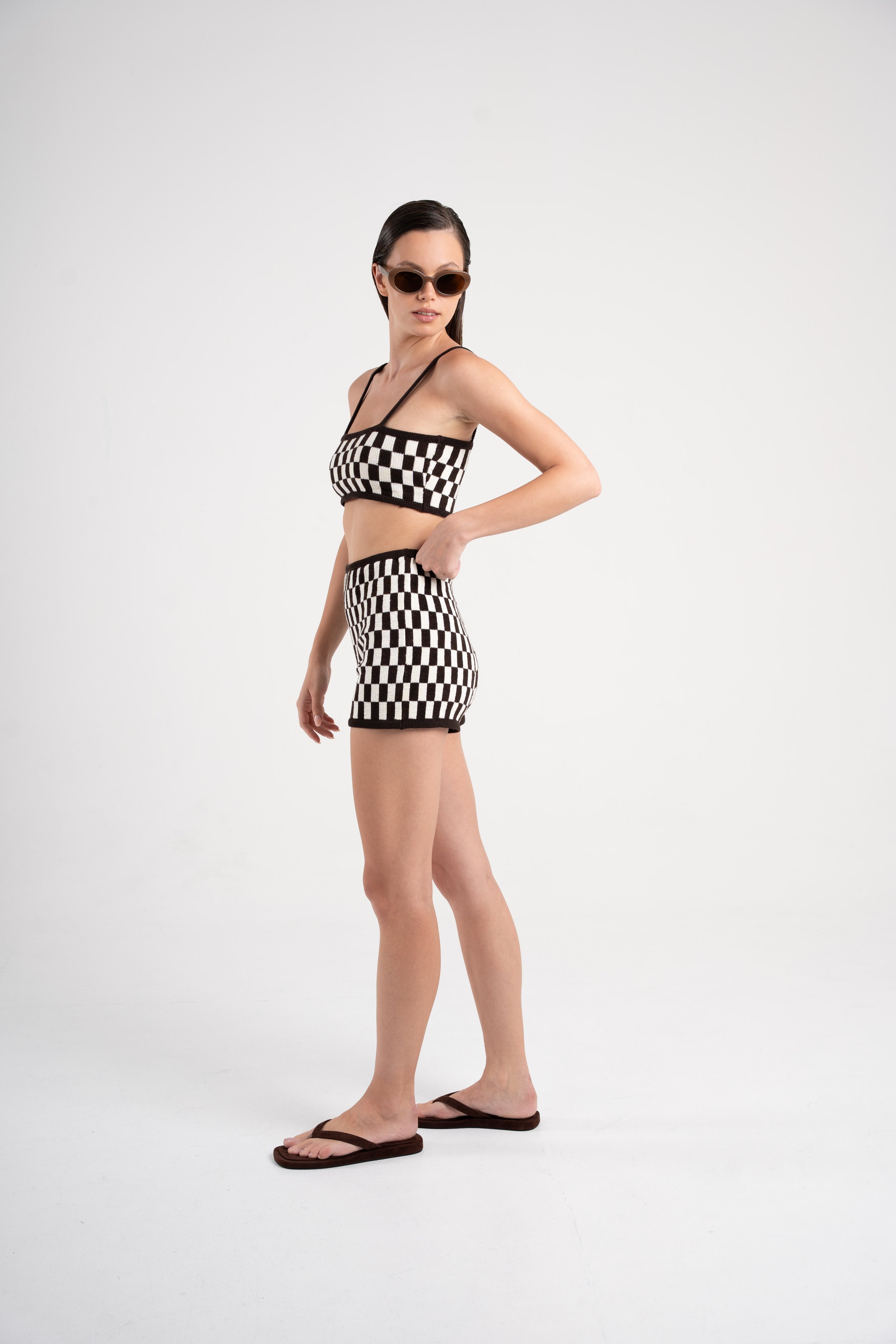 Checkered Knit Top and Shorts Coffee Sutura Studio  - sideview