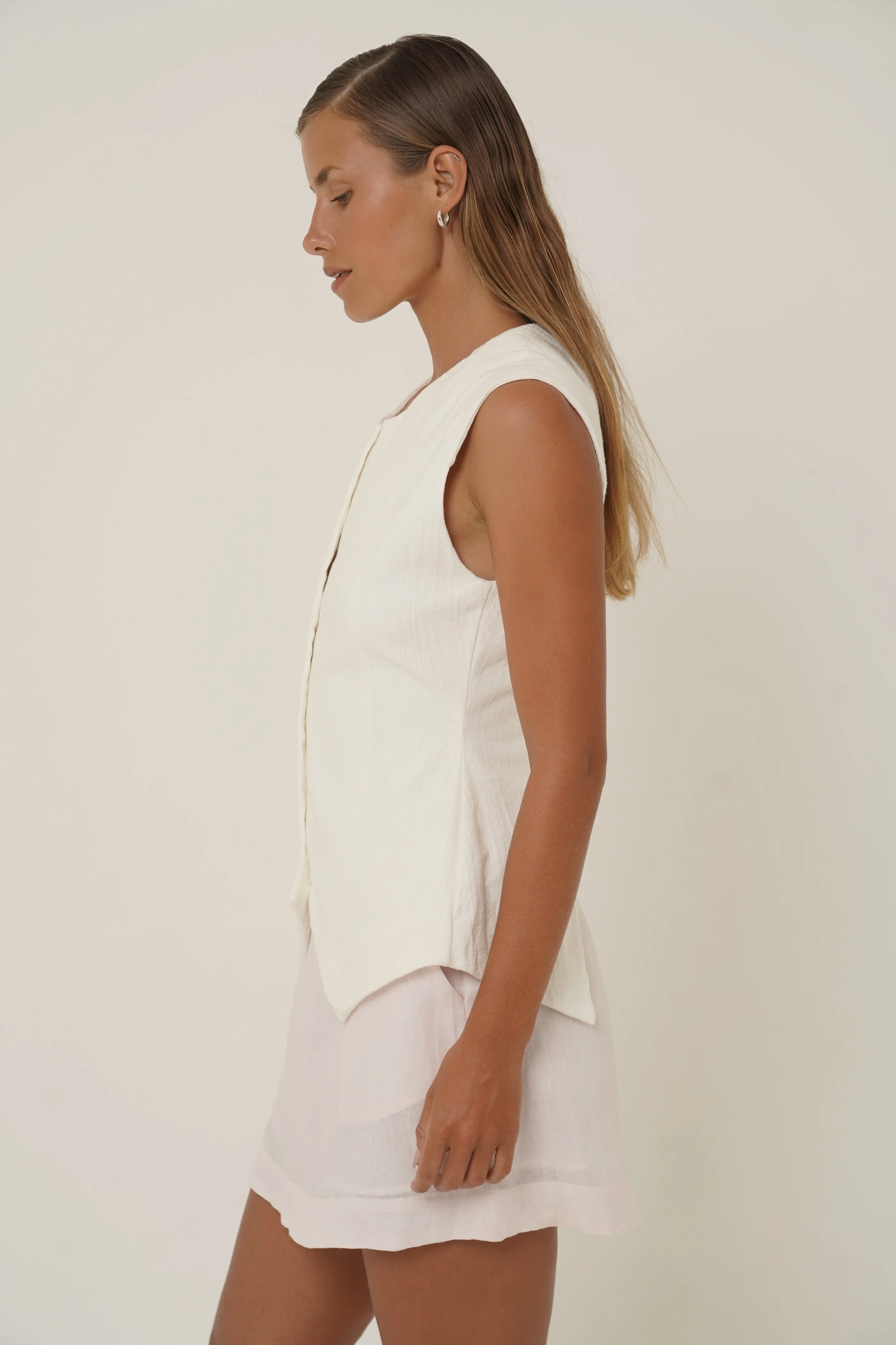 Woman wearing Basmati Vest side view