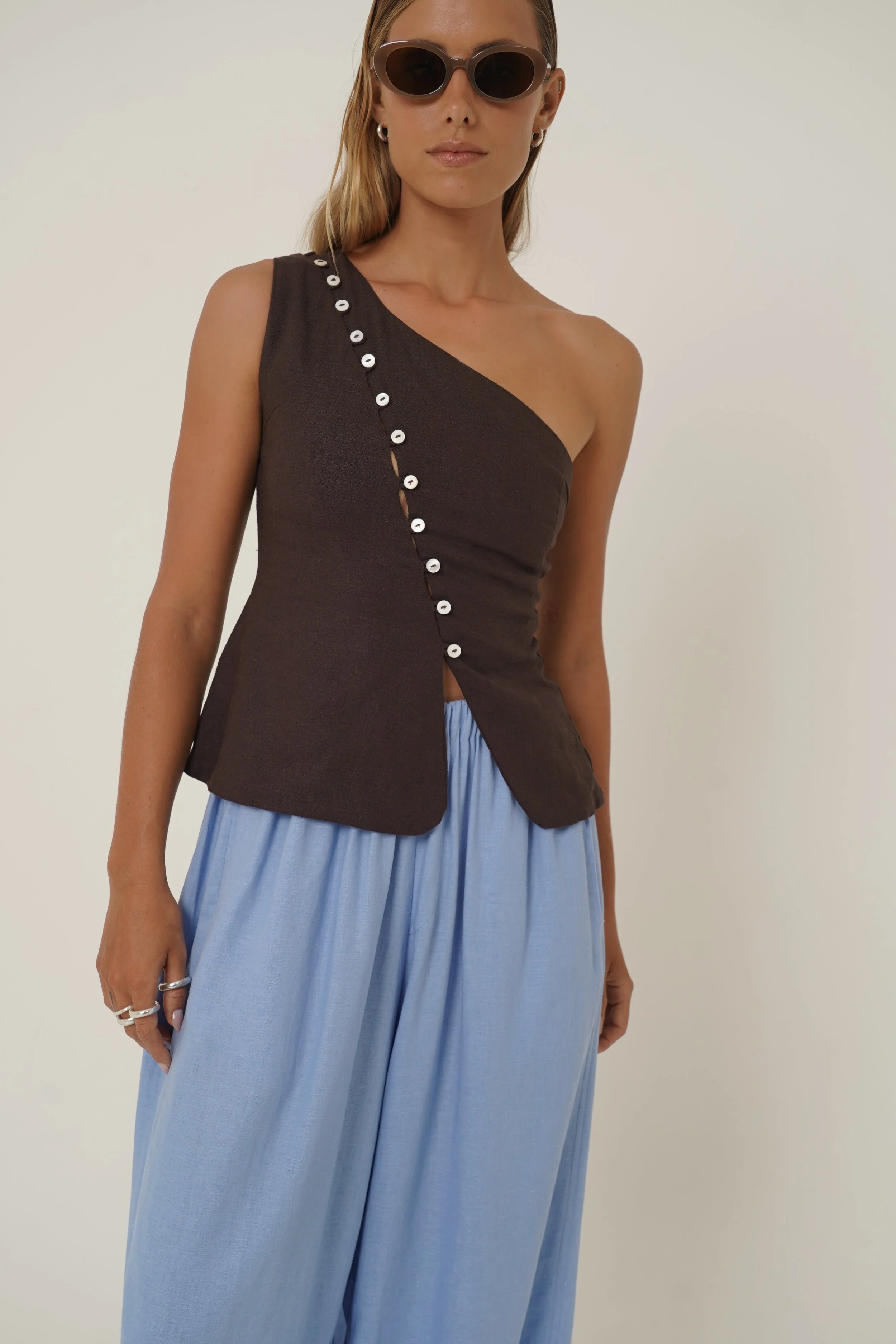 Woman wearing Sriani Vest in Chocolate color