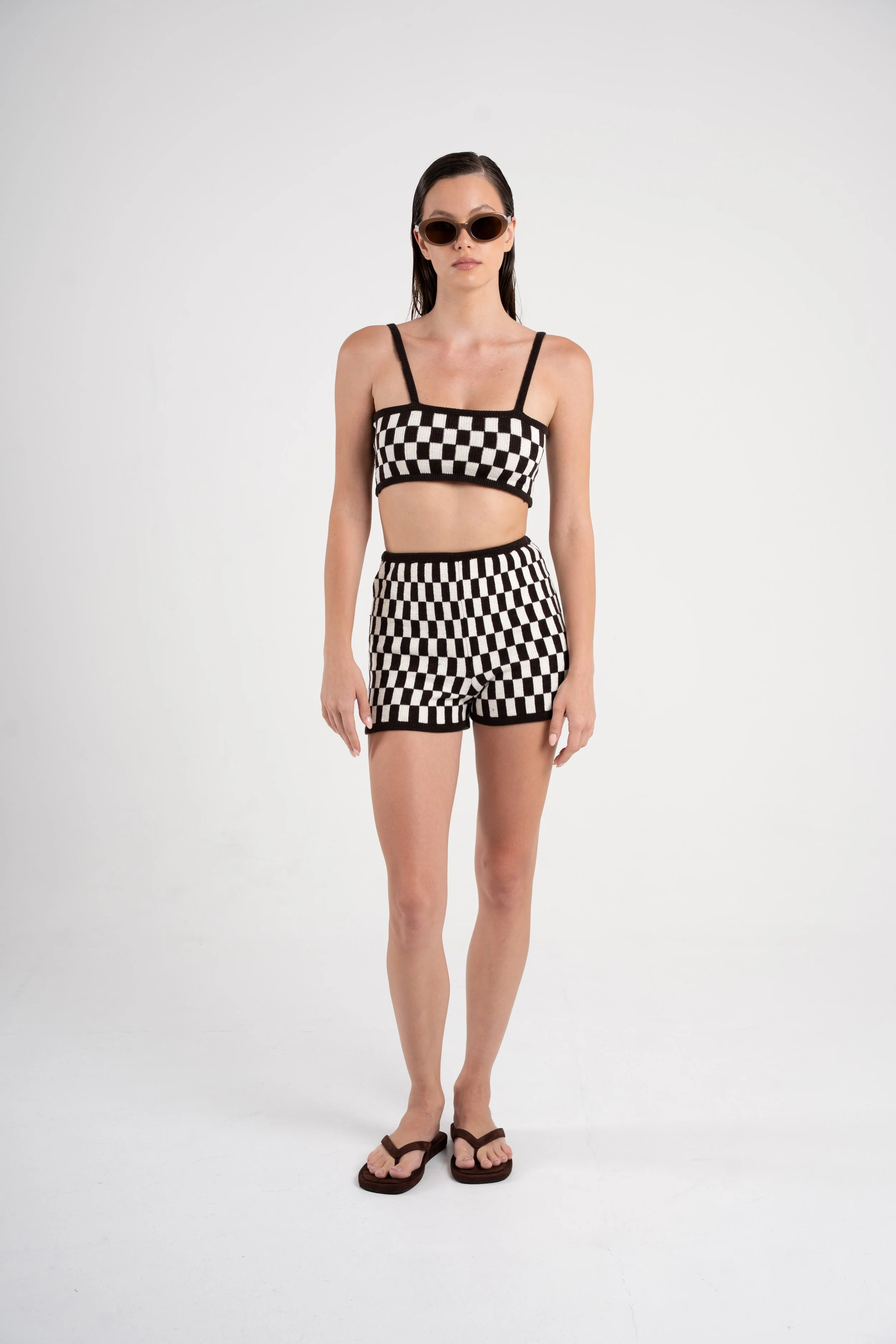 Checkered Knit Top and Shorts Coffee Sutura Studio