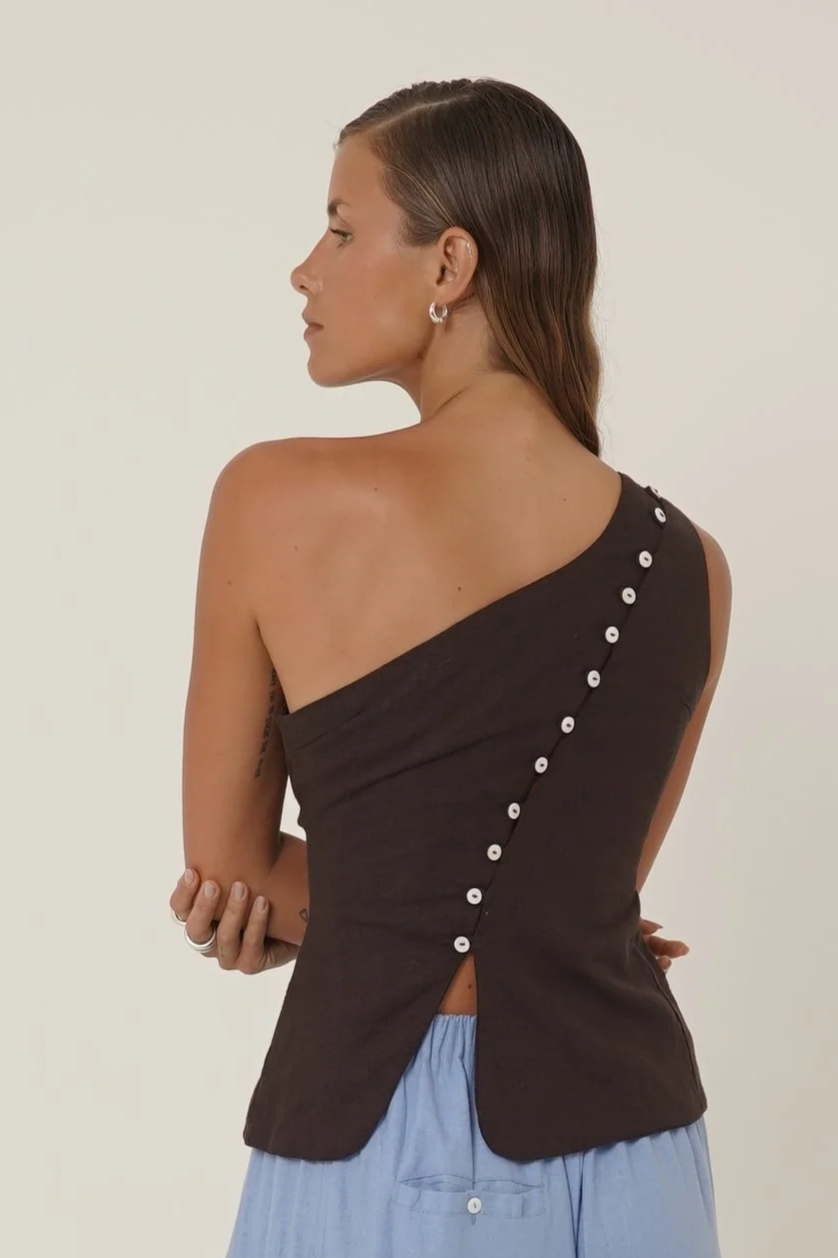 Woman wearing Sriani Cotton Vest in Brown back view with buttons
