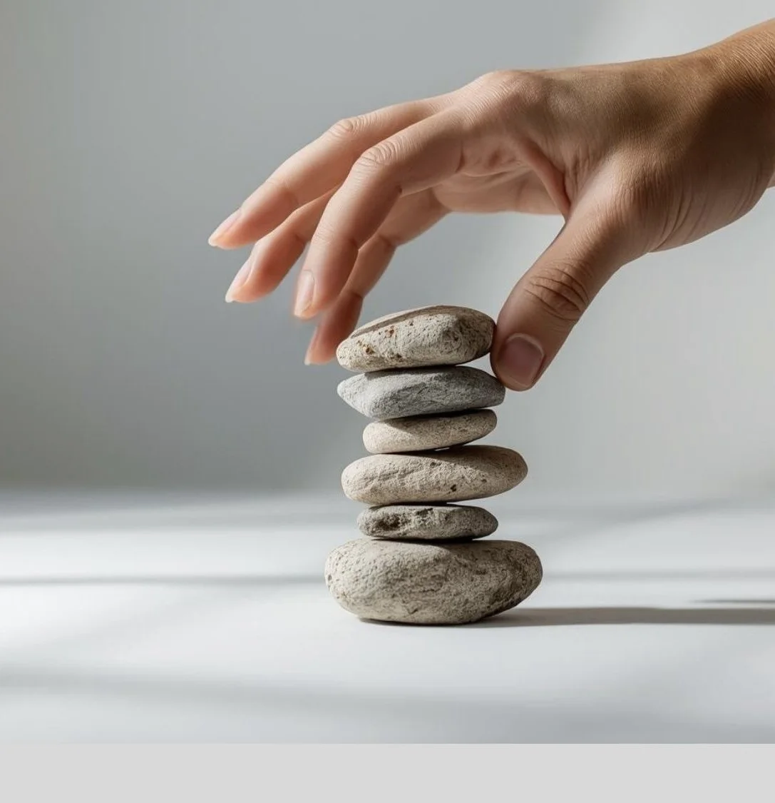 A hand carefully balancing a stack of smooth stones on a white surface, symbolizing stability, focus, and mindful precision.