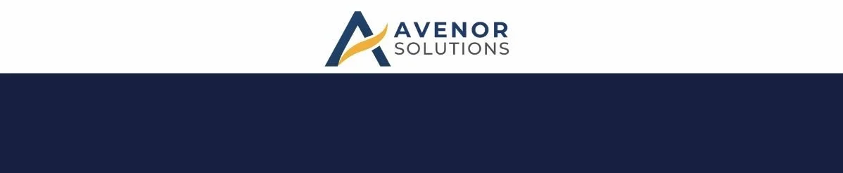Avenor Solutions logo with stylized letter 'A' in blue and yellow, and the company name in dark blue text, against a white background with a dark blue footer.