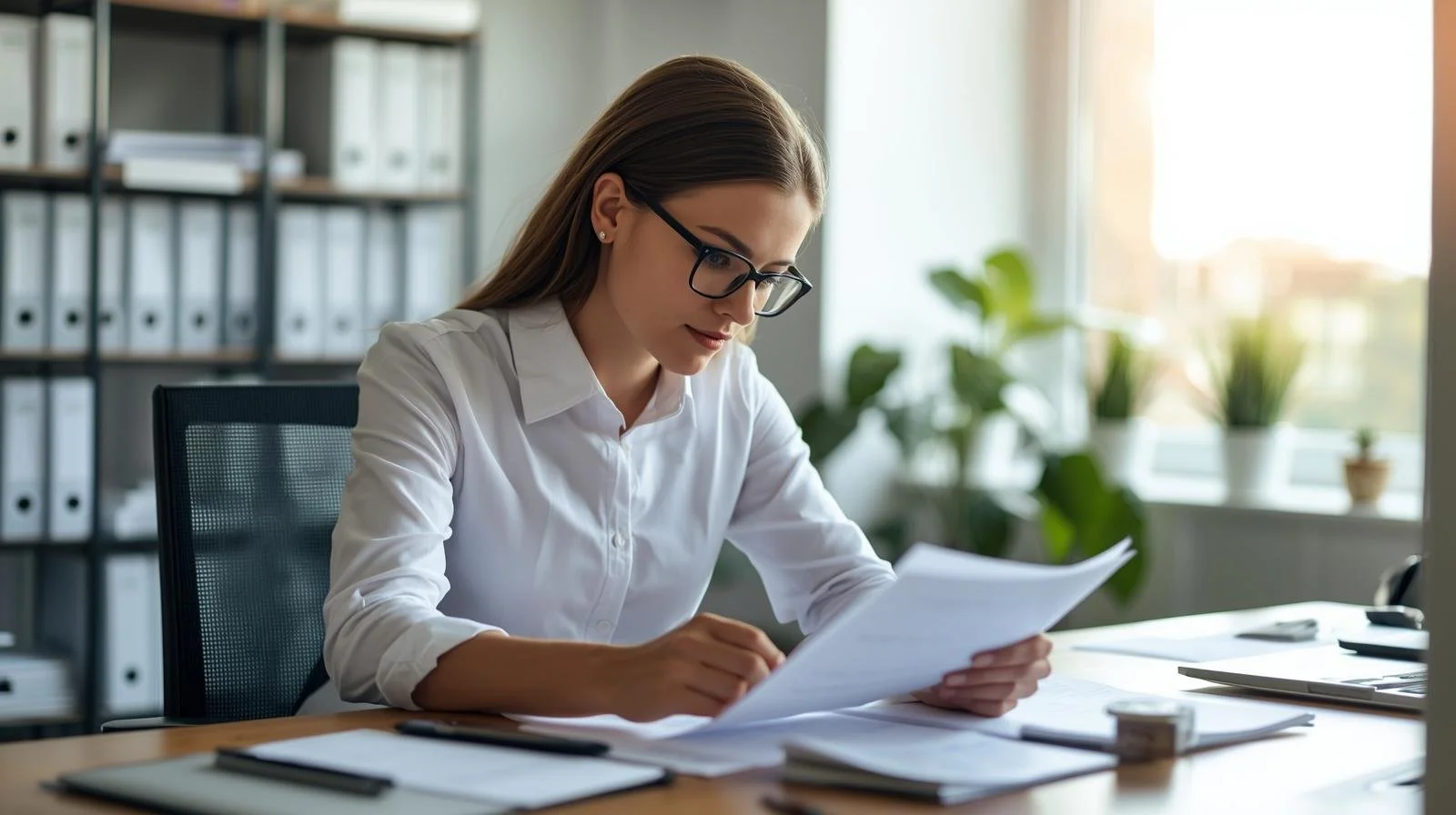 An accountant perusing spreadsheets and business reports