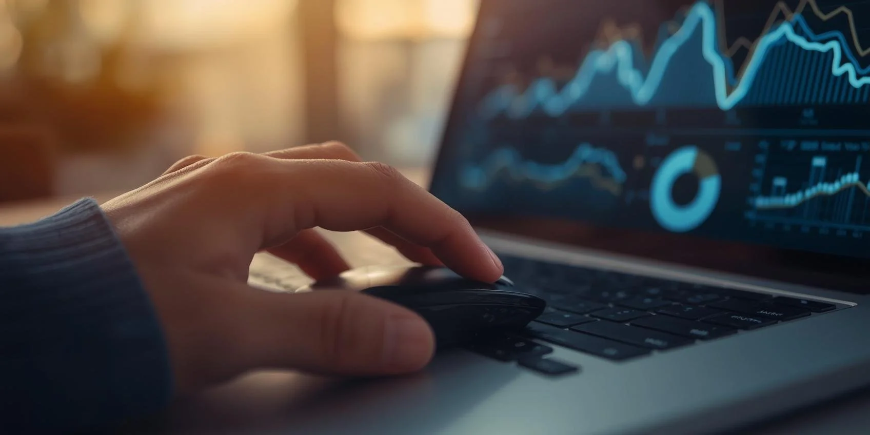 Close-up of a person's hand using a computer mouse in front of a laptop displaying financial charts and graphs on the screen.