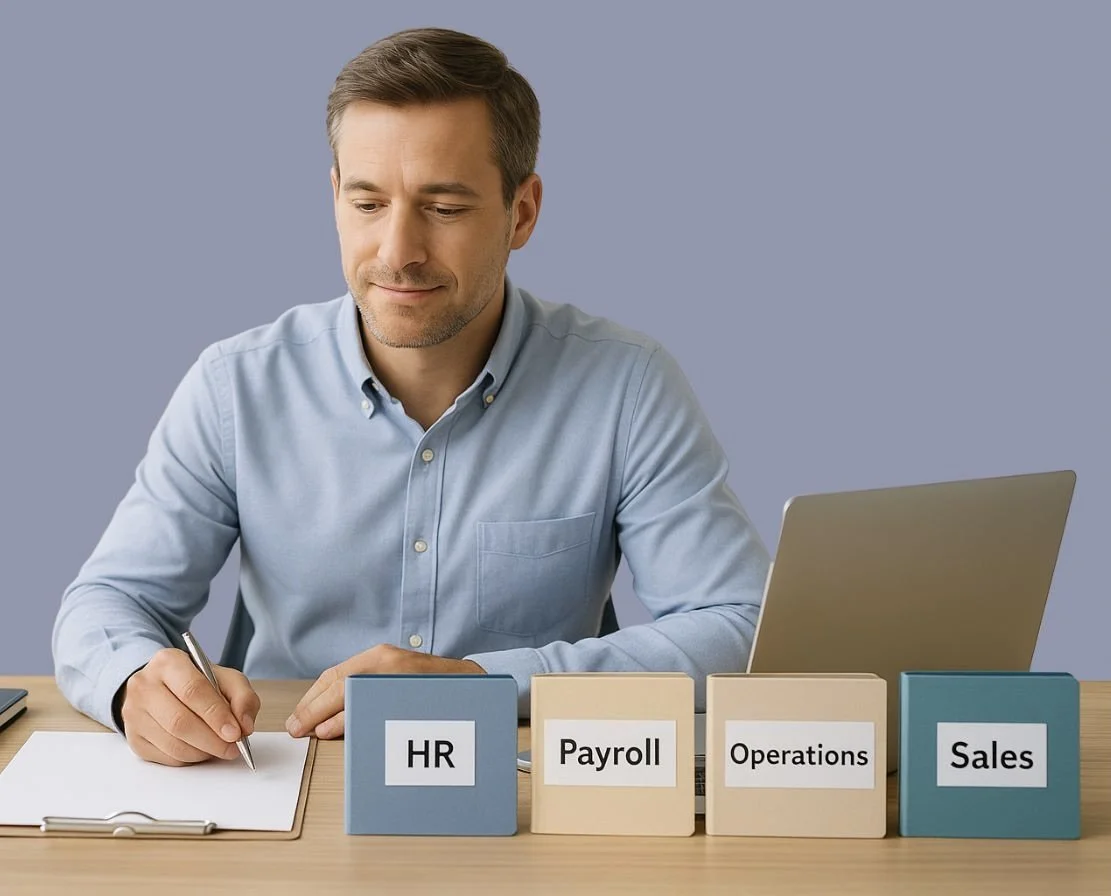 A calm business owner sits at a tidy desk with organised folders labelled HR, Payroll, Operations, and Sales, writing notes beside a laptop in a bright, modern office.