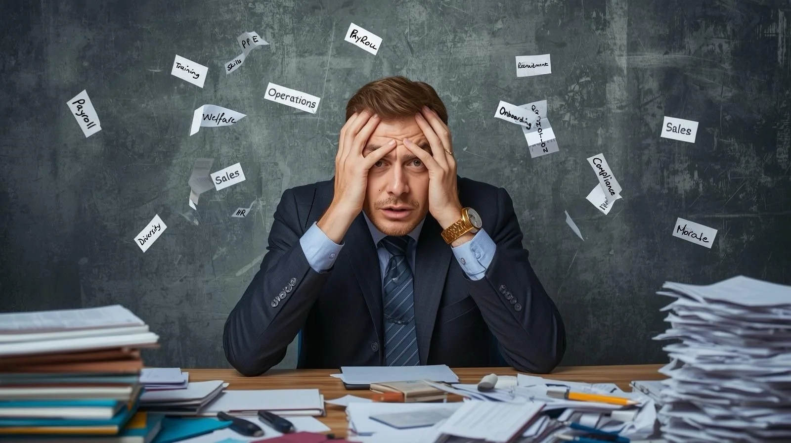 A stressed business owner sits at a cluttered desk with piles of paperwork while labels like Payroll, Operations, Compliance, and Sales float behind him on a chalkboard wall, symbolising SME overwhelm from multiple HR responsibilities.