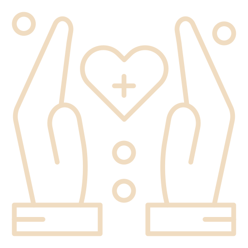 Illustration von zwei Händen, die ein Herz mit einem Kreuz darin halten, Symbol für Fürsorge und Gesundheit.