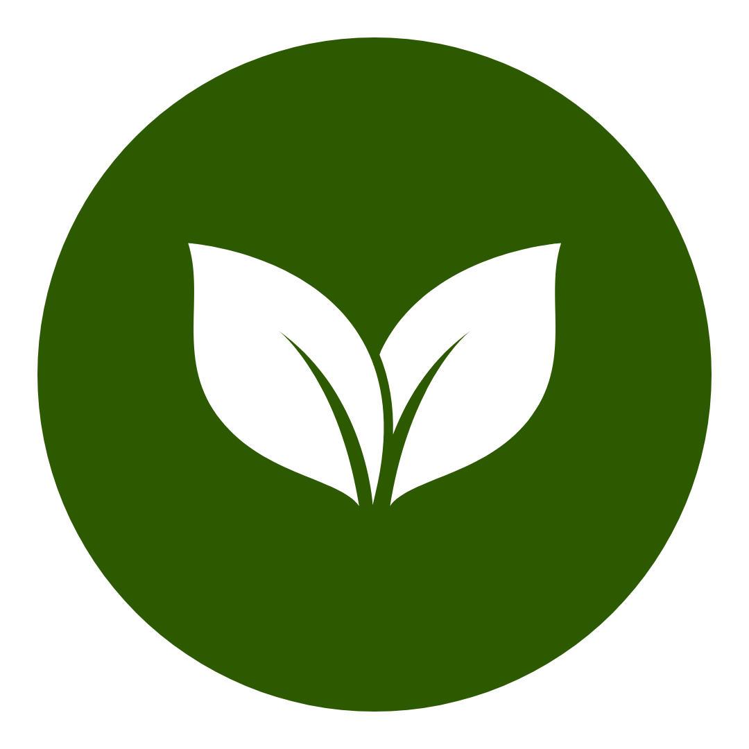 Icon of two white leaves overlapping on a dark green circular background.