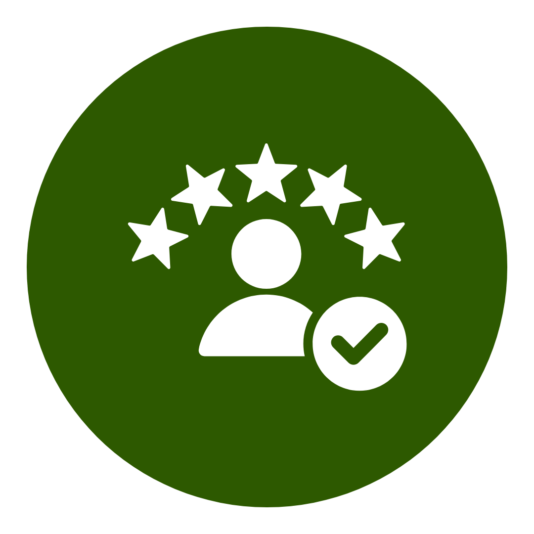 Icon of a person with stars above the head and a checkmark indicating quality or approval, on a green circular background.