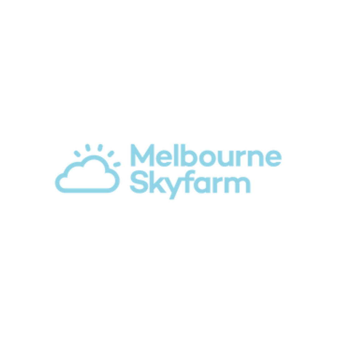Melbourne Skyfarm logo with a blue cloud and sun icon beside the text 'Melbourne Skyfarm' in light blue